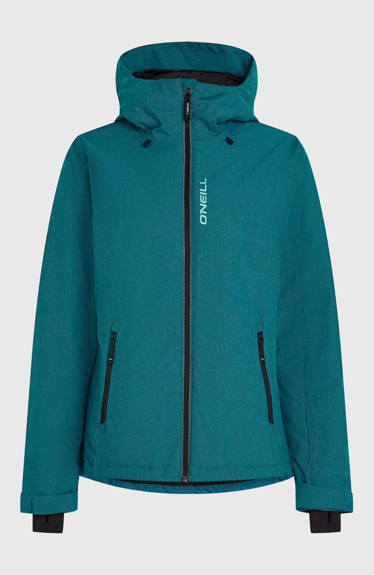 Blaue FWC'Cruz Melange Skijacke für Damen, freigestellt von vorne mit Kapuze und Reißverschlusstaschen