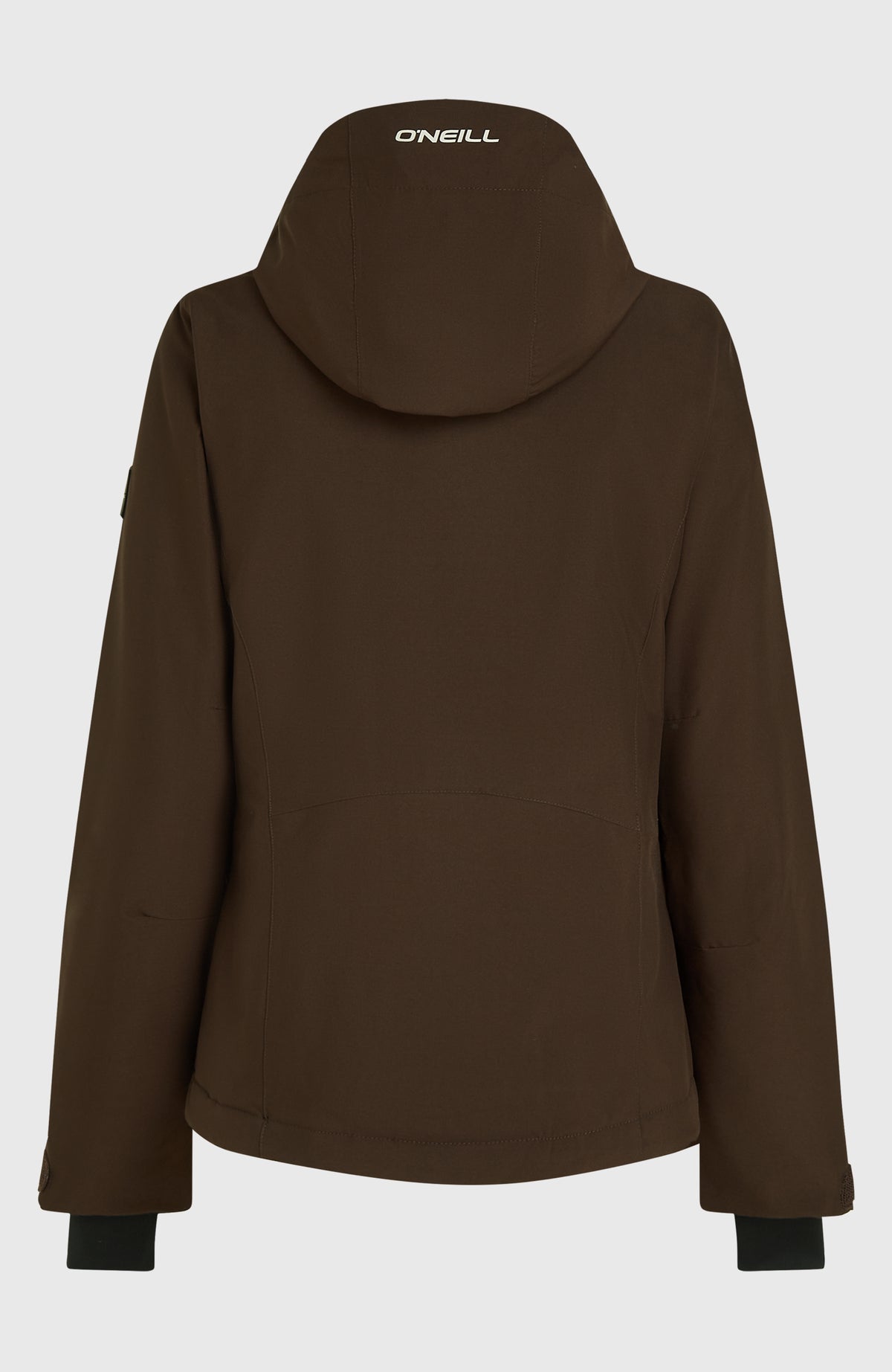 Braune FWC'Cruz Skijacke für Damen, freigestellt von hinten mit Logo-Print auf der Kapuze