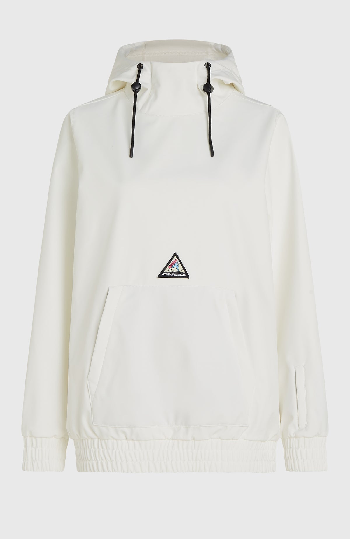 Weißer FWC'Play Softshell-Hoodie für Damen, freigestellt von vorne mit Kapuze und Bauchtasche