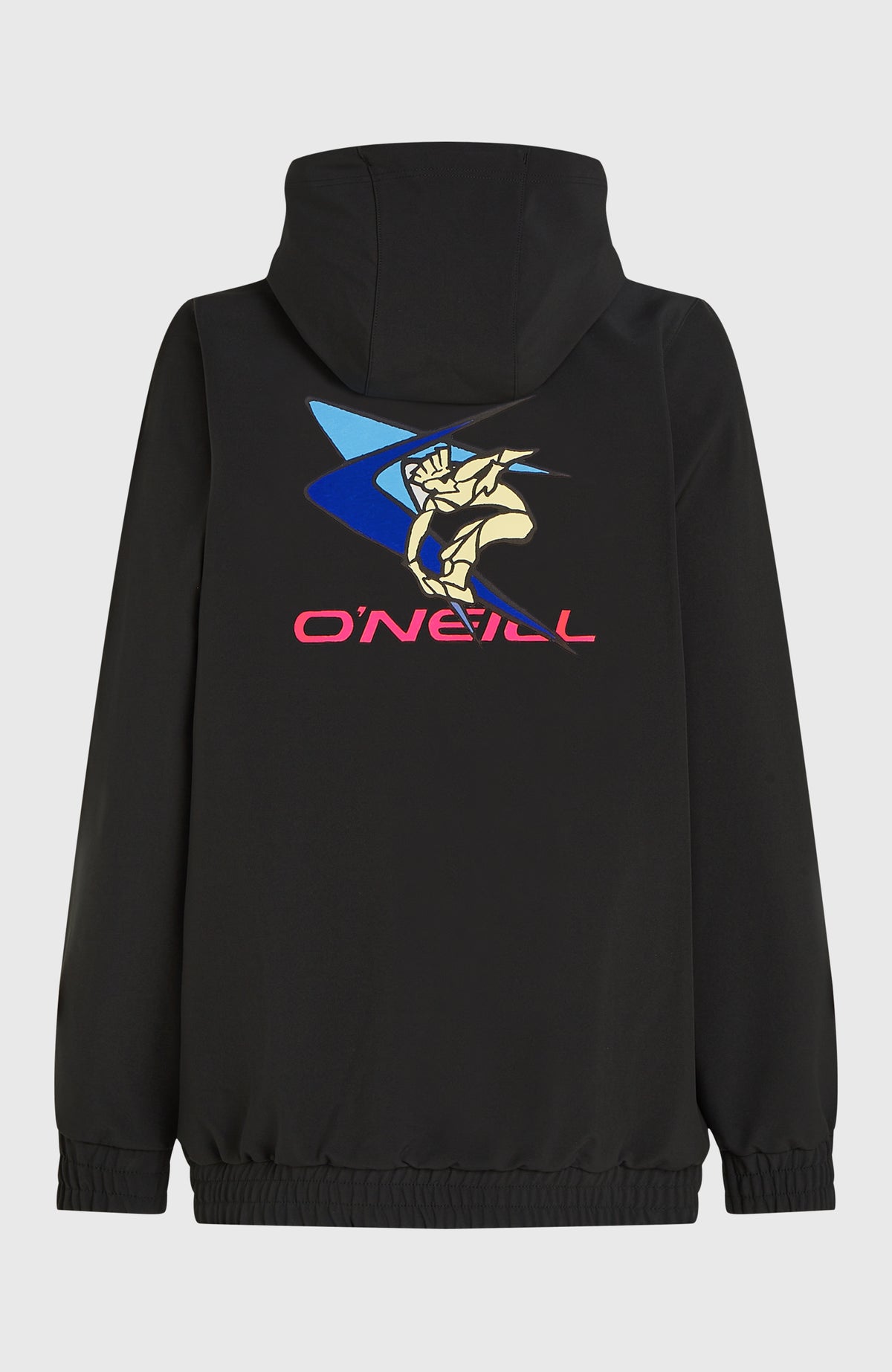FWC'Play Softshell-Hoodie für Damen, schwarz, freigestellt von hinten mit buntem Rückenprint