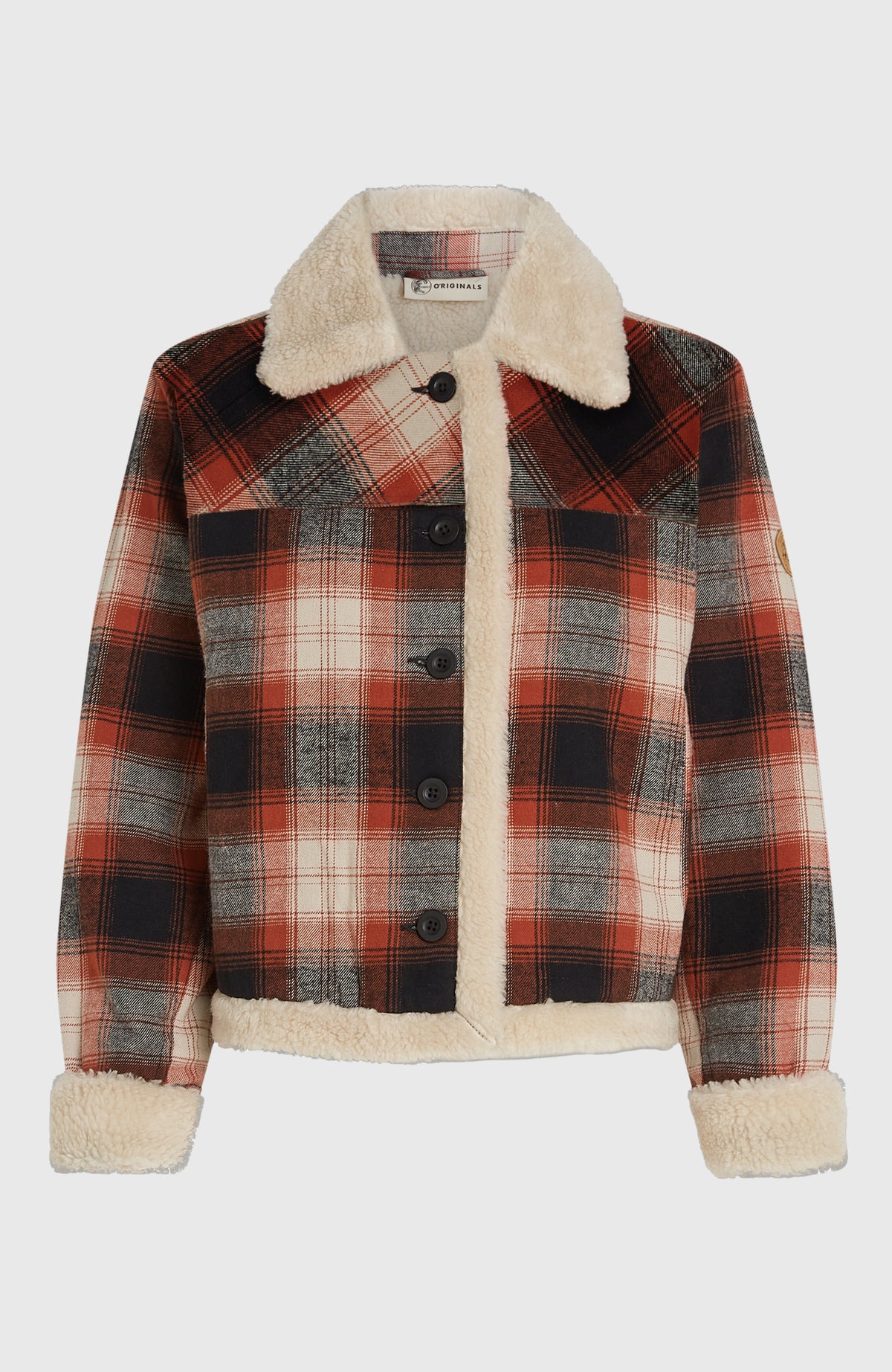 O'Riginals Jacke mit Fleecefutter für Damen, rot mit Karomuster in Schwarz und Cremeweiß, freigestellt von vorne