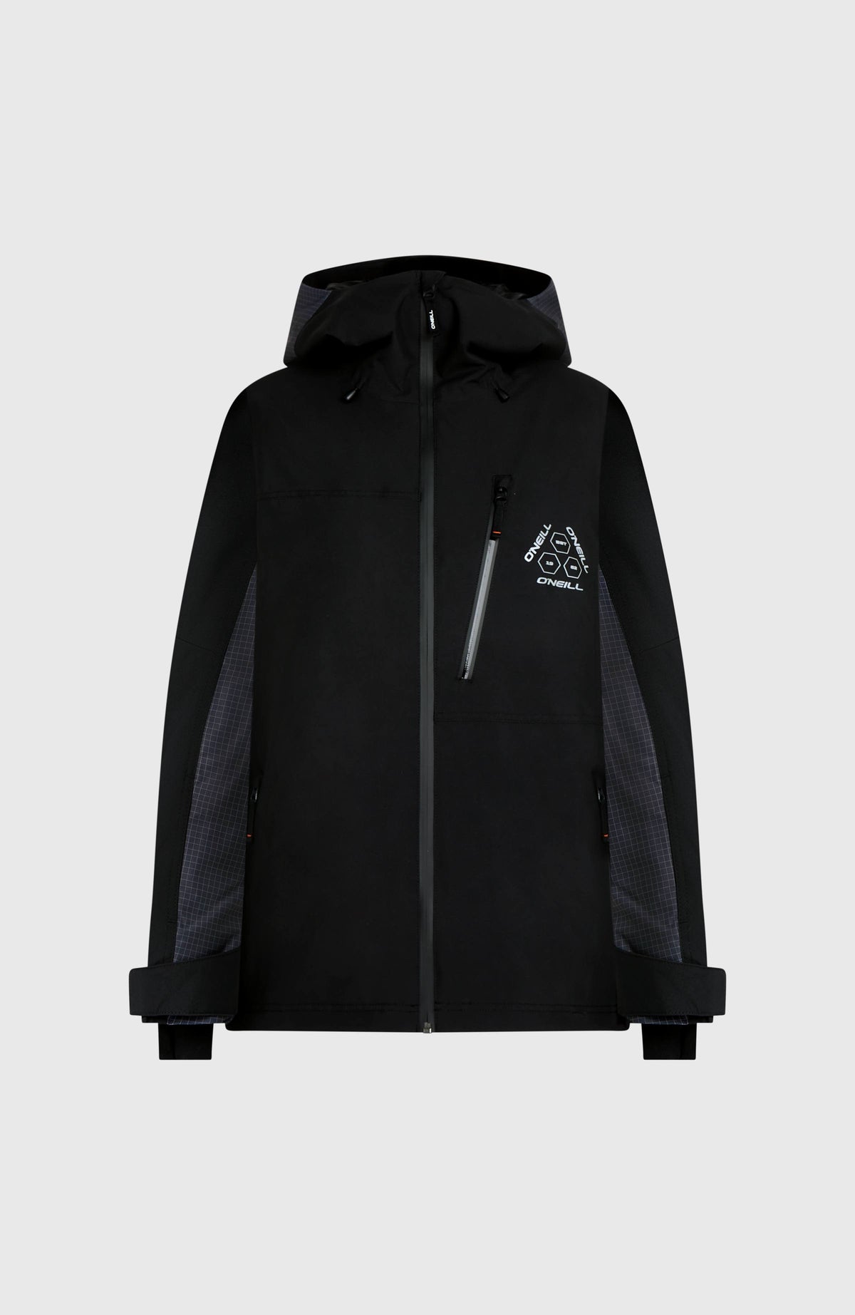 FWC'Peak Skijacke für Damen, schwarz, freigestellt von vorne mit Brusttasche und Kapuze