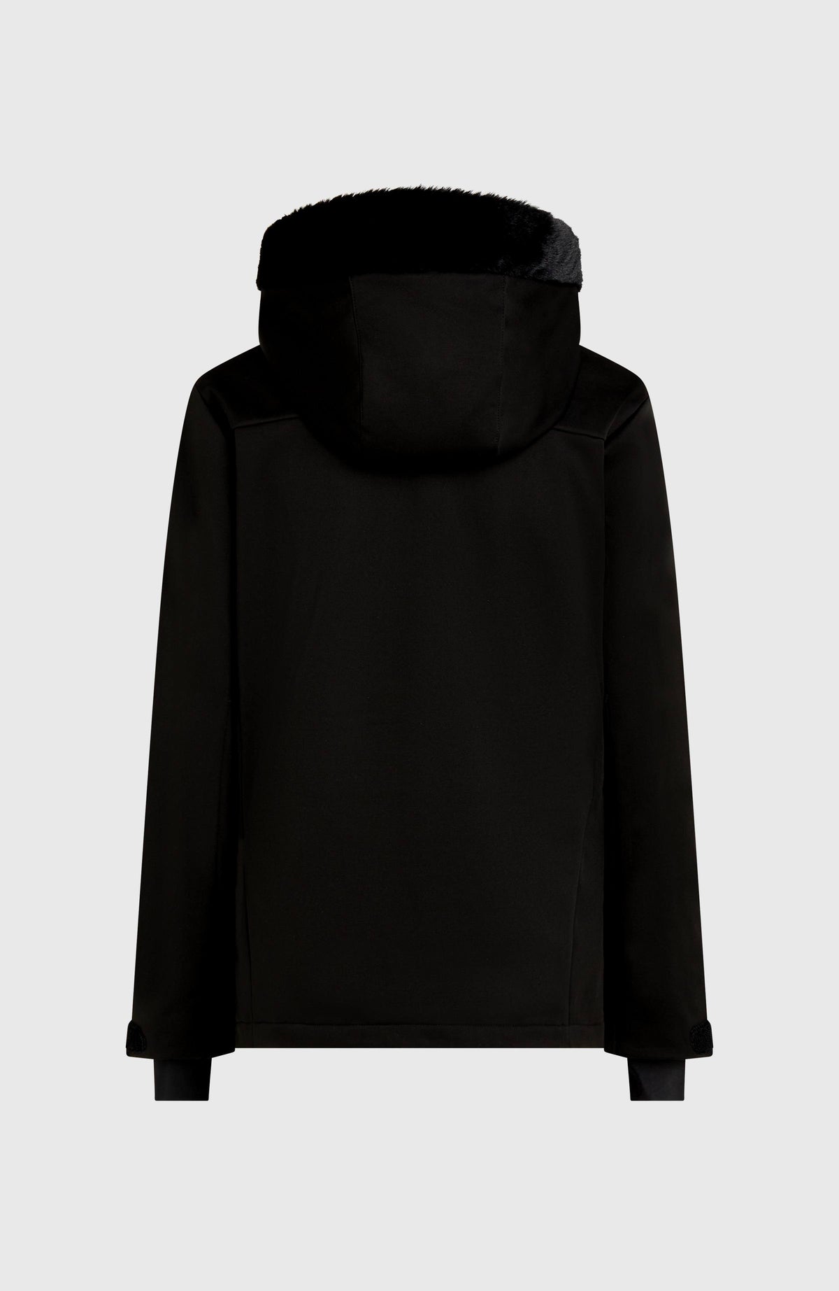 FWC'Cruz Softshell-Skijacke für Damen, schwarz, freigestellt von hinten mit Kapuze und Kunstfelldetail