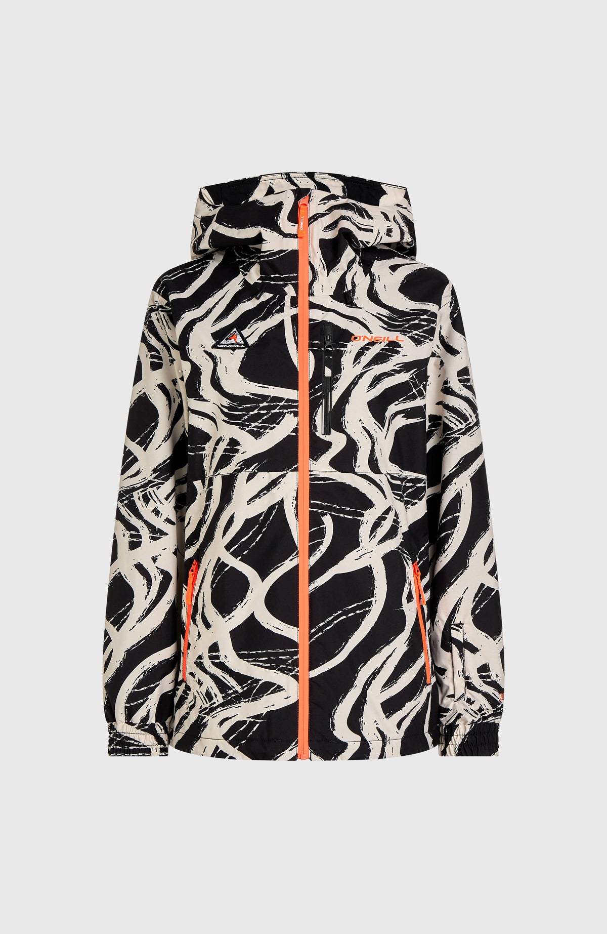 FWC'Play Park Ski- und Snowboardjacke für Damen, weiß mit Linienmuster in Schwarz, freigestellt von vorne