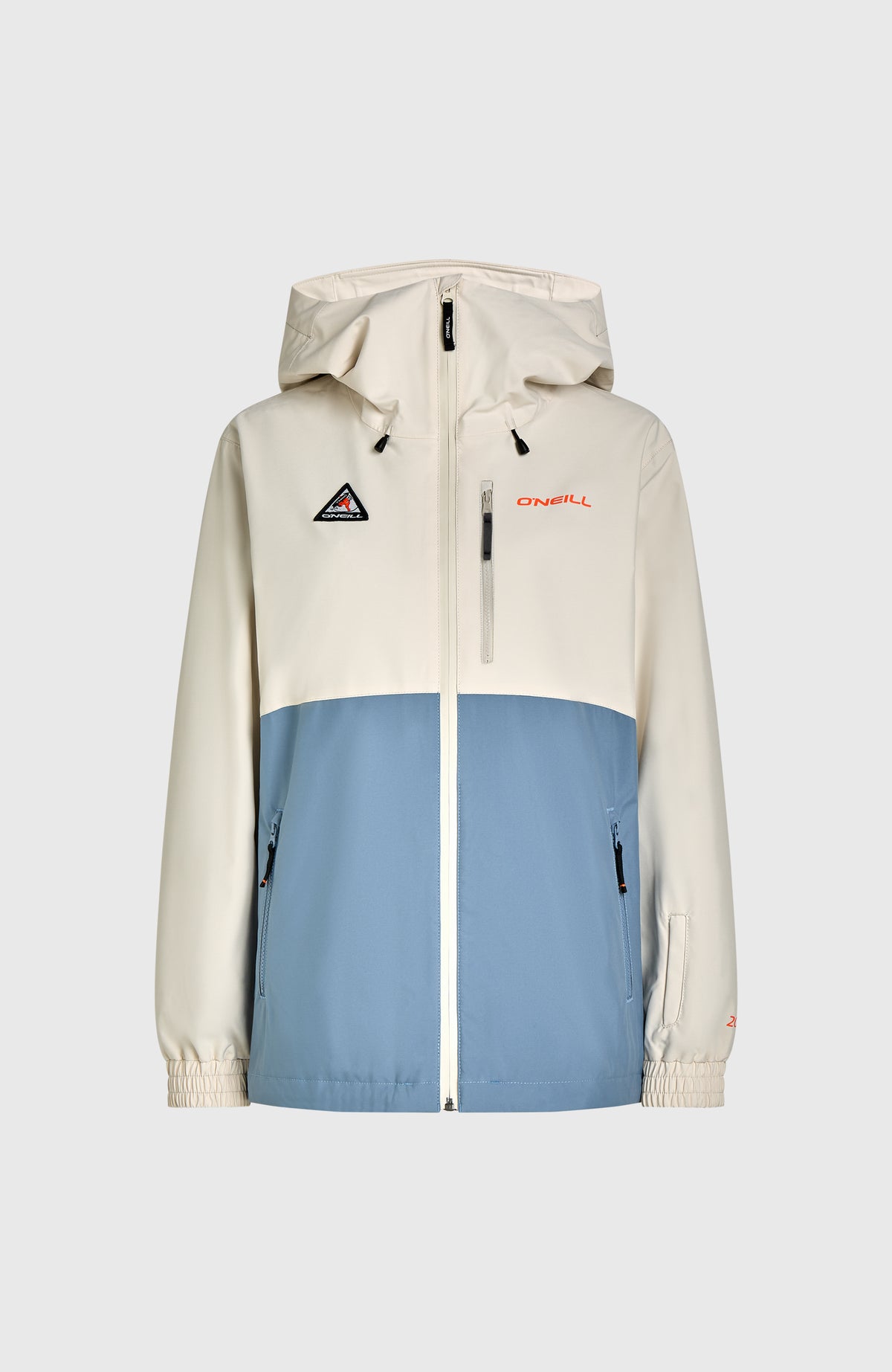 FWC'Play Park Ski- und Snowboardjacke für Damen, weiß, freigestellt von vorne mit Reißverschluss und Kapuze
