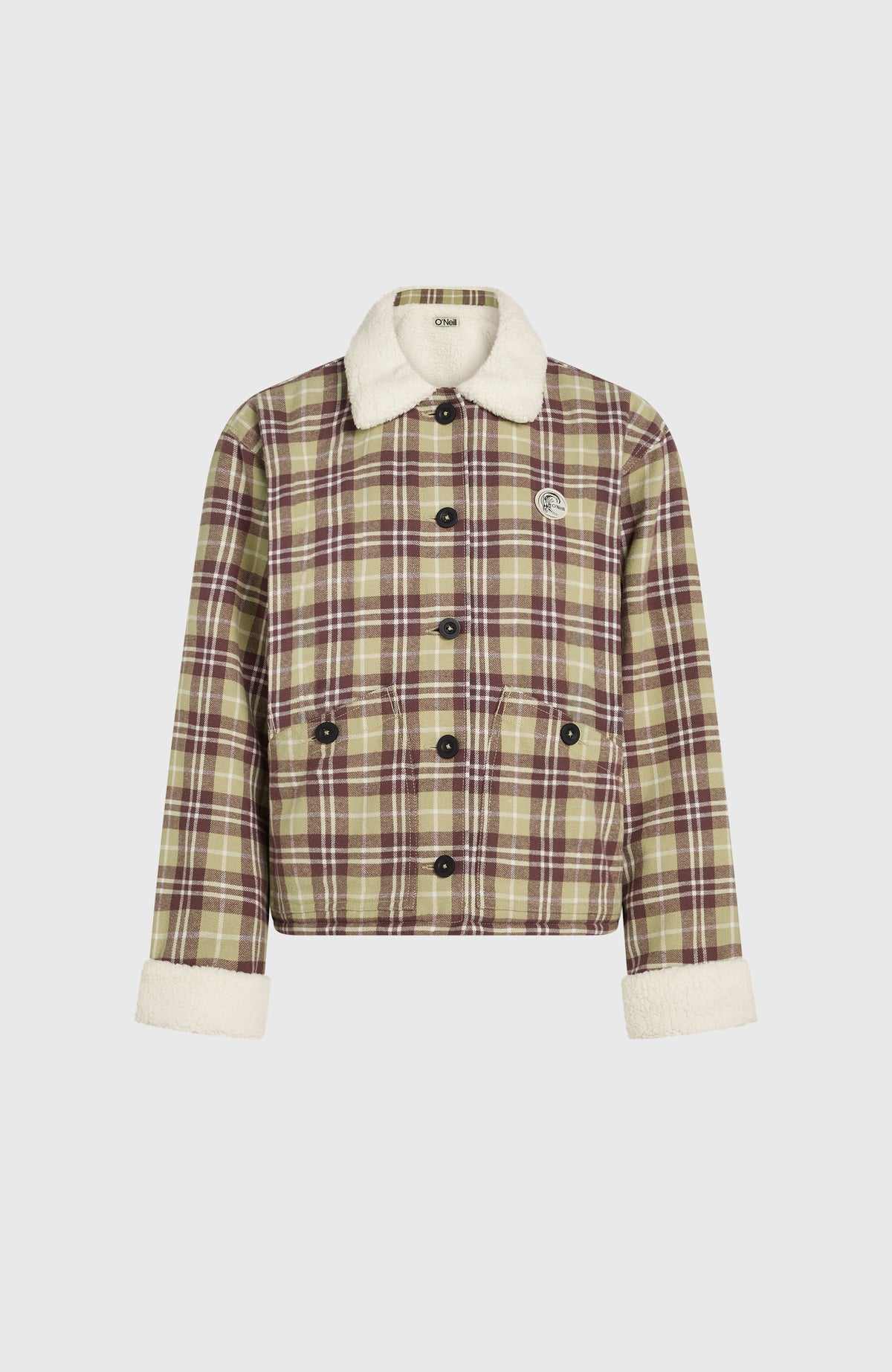 O'Riginals Jacke mit Fleecefutter für Damen, grau mit Karomuster in Braun und Weiß, freigestellt von vorne