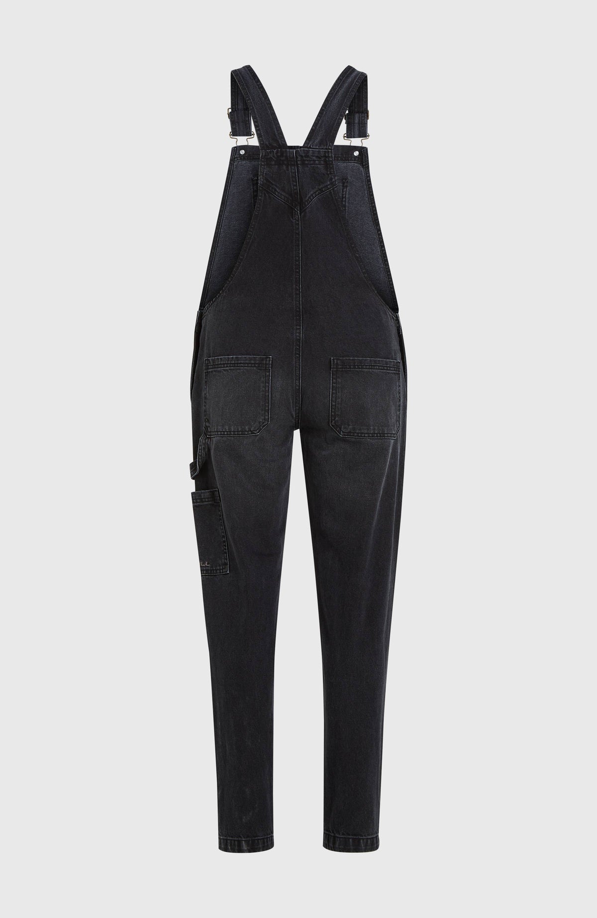 Essentials Twill-Latzhose für Damen, schwarz, freigestellt von hinten mit Gesäßtaschen