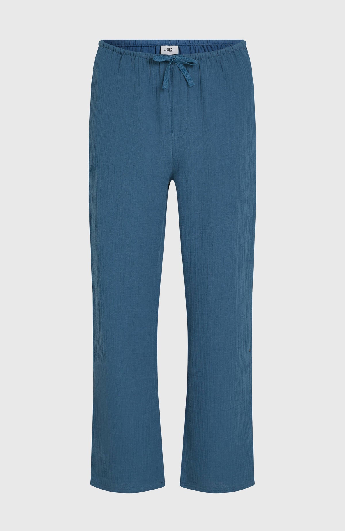 Blaue Brenda Hose für Damen, flach liegend von vorne mit Kordelzug und elastischem Bund