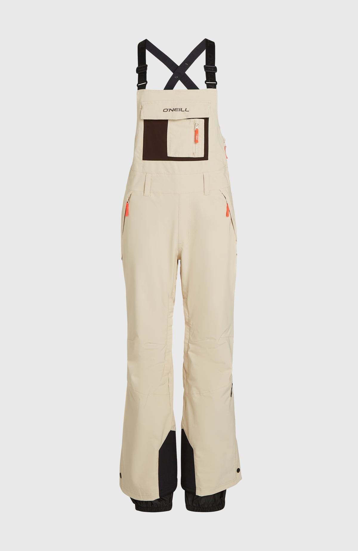 FWC'Peak Bib Skihose für Damen, beige, freigestellt von vorne mit Latz und Trägern