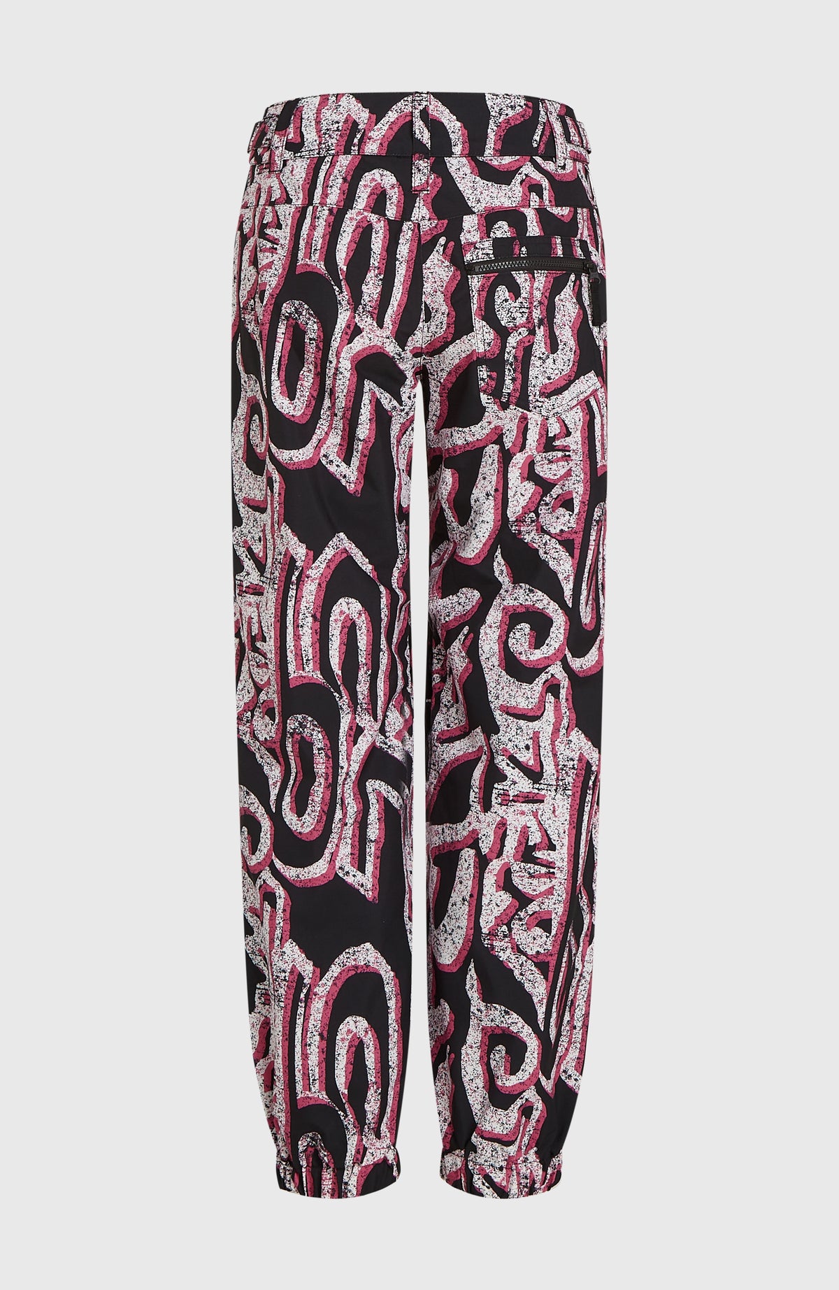FWC'Play Ski- und Snowboardhose, weiß mit Grafikmuster in Schwarz und Pink, freigestellt von hinten mit Reißverschlusstasche