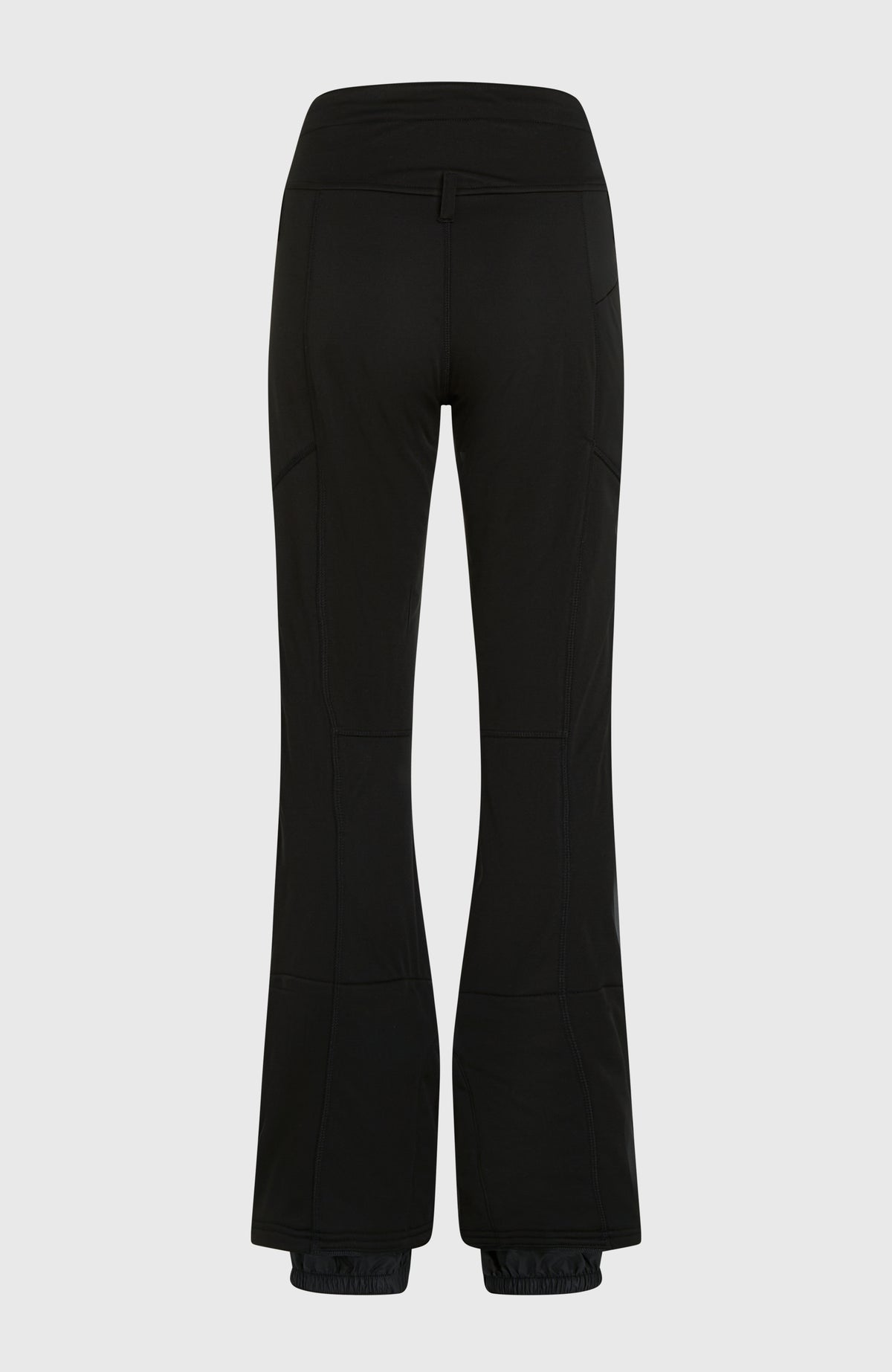 Schwarze FWC'Cruz Softshell-Skihose für Damen, freigestellt von hinten mit Ziernähten und Gürtelschlaufen