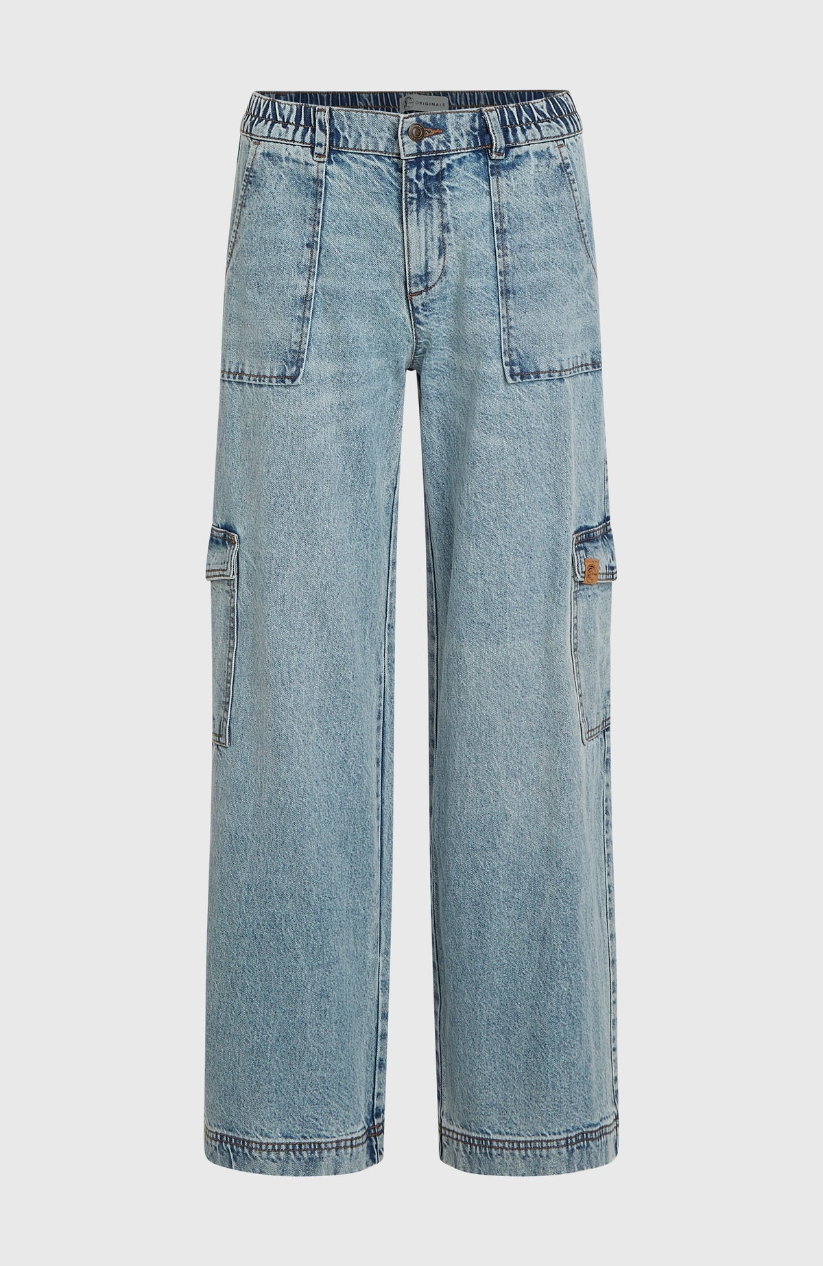 O'Riginals Denim-Cargohose für Damen, blau, freigestellt von vorne mit Fronttaschen und Bund