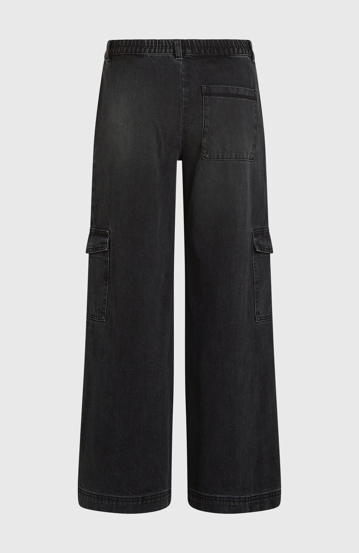 Schwarze O'Riginals Denim-Cargohose für Damen, freigestellt von hinten mit Gesäßtasche und Elastikbund