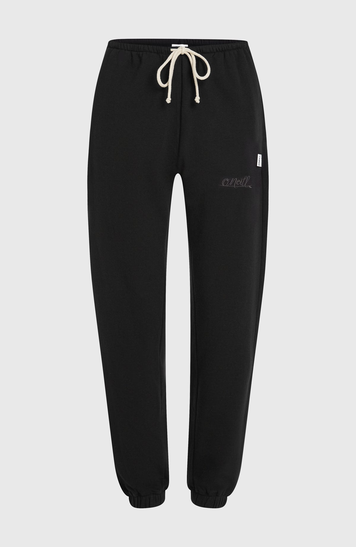 Schwarze Essentials Script Jogginghose für Damen, freigestellt von vorne mit hellem Kordelzug am Bund
