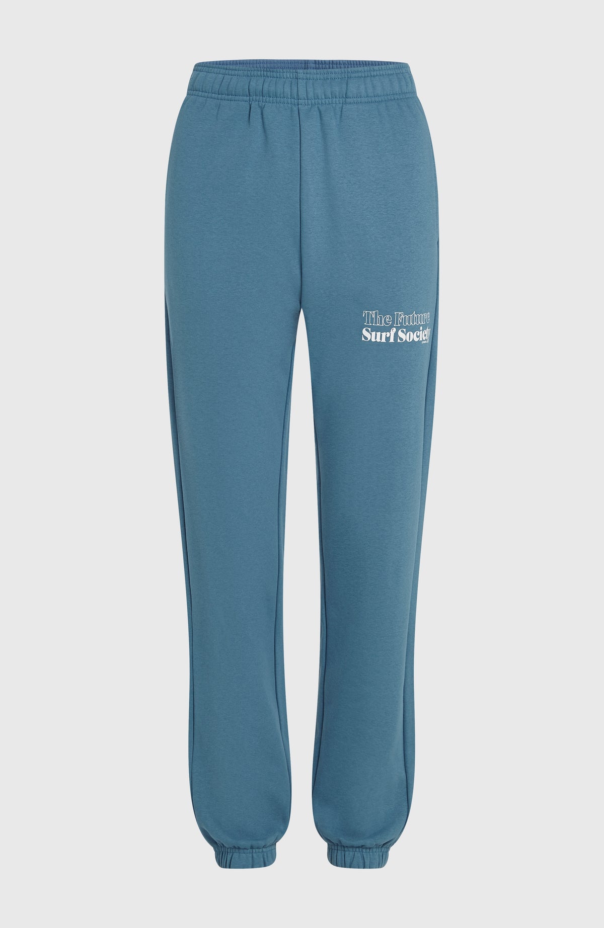 Future Surf Society Jogginghose für Damen, blau mit Logo-Print in Weiß, freigestellt von vorne