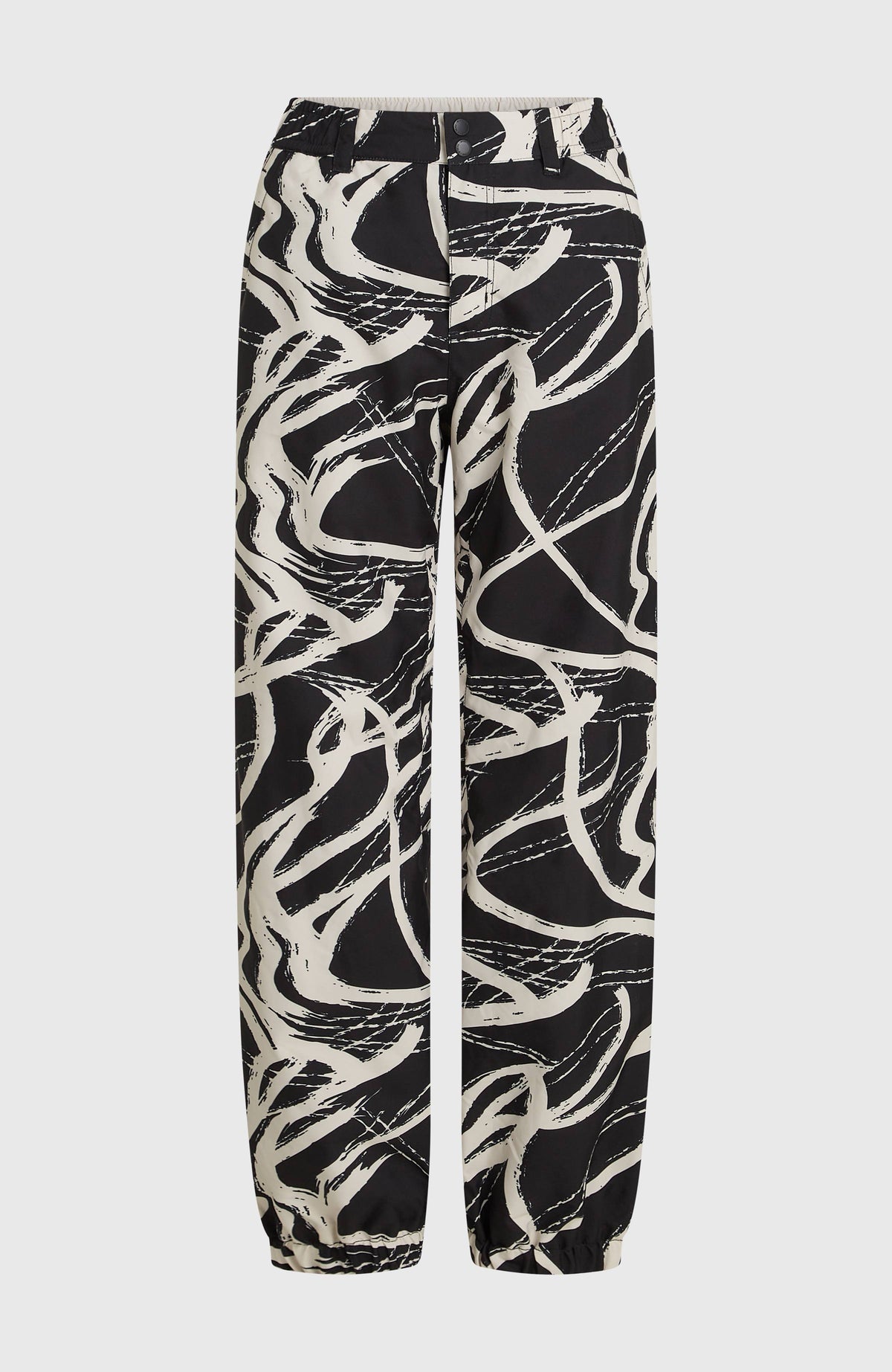 FWC Oversized Ski- und Snowboardhose für Damen, weiß mit Linienmuster in Schwarz, freigestellt in Vorderansicht