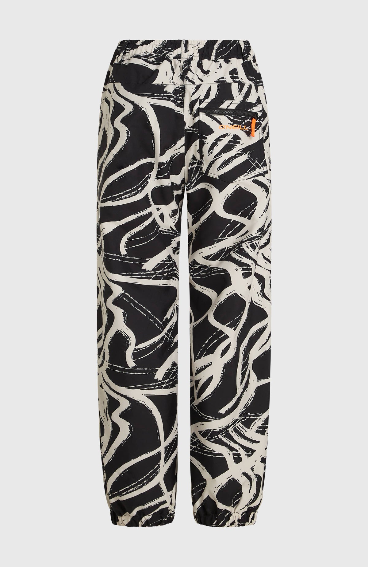 FWC Oversized Ski- und Snowboardhose für Damen, weiß mit Linienmuster in Schwarz, freigestellt in Rückansicht