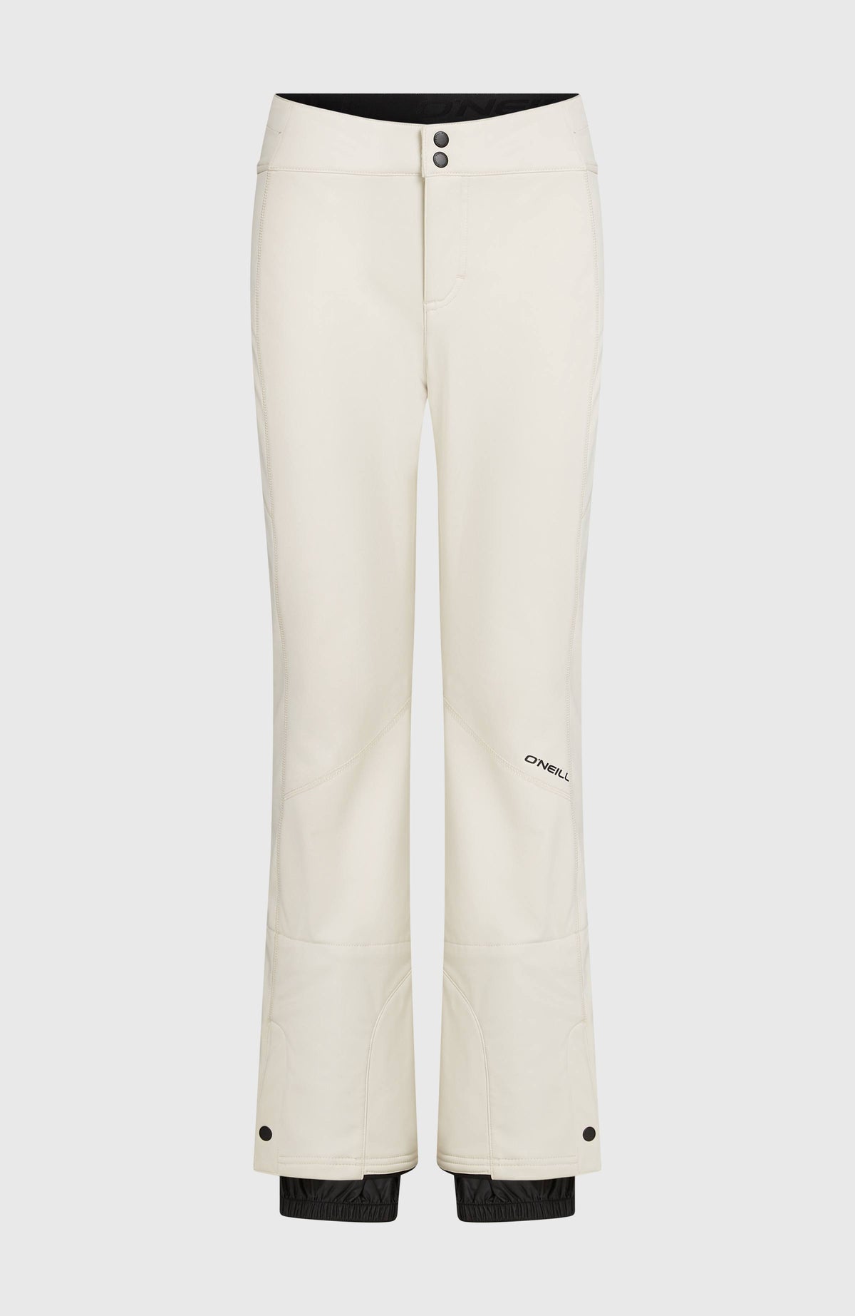 FWC'Cruz Softshell-Skihose für Damen, weiß, freigestellt von vorne mit Knöpfen am Bund