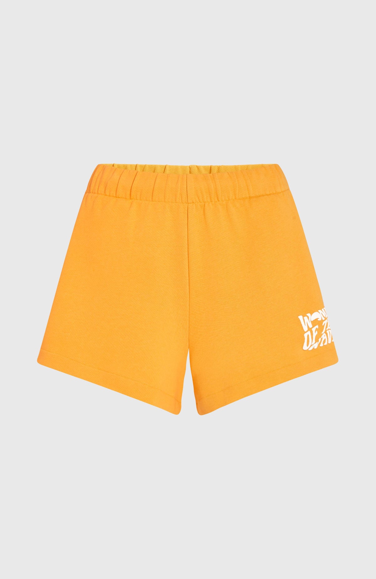 Women of the Wave Sweatshorts für Damen, orange mit Logo-Print in Weiß, flach liegend von vorne