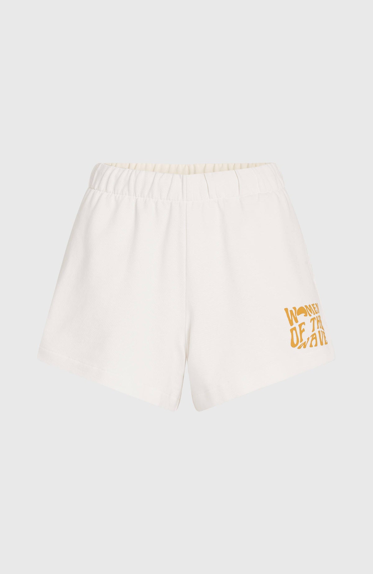 Women of the Wave Sweatshorts für Damen, beige mit Logo-Print in Gelb, freigestellt von vorne