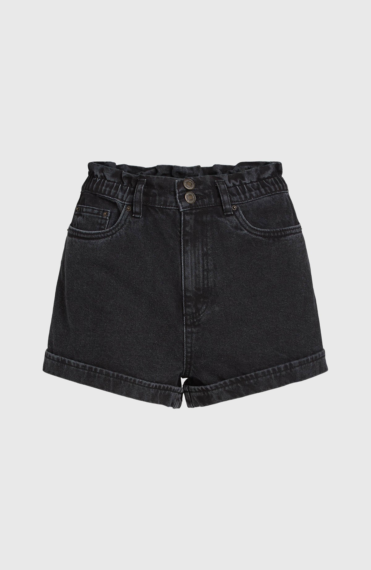 Tasia Paperbag Shorts für Damen, schwarz, freigestellt von vorne, elastischer Bund mit Knöpfen und Taschen