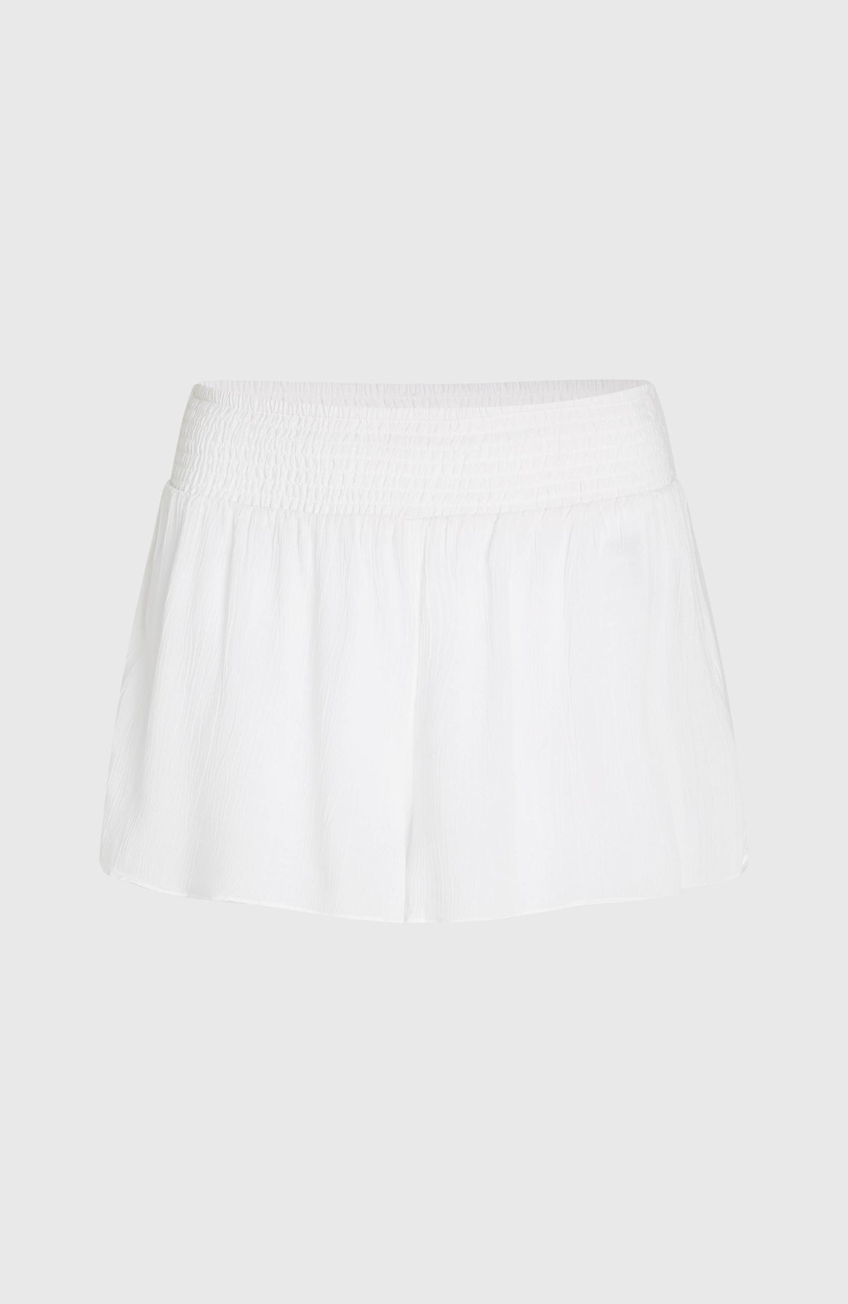 Johnny Smocked Waist Shorts für Damen, weiß, freigestellt von vorne, gesmokter Bund