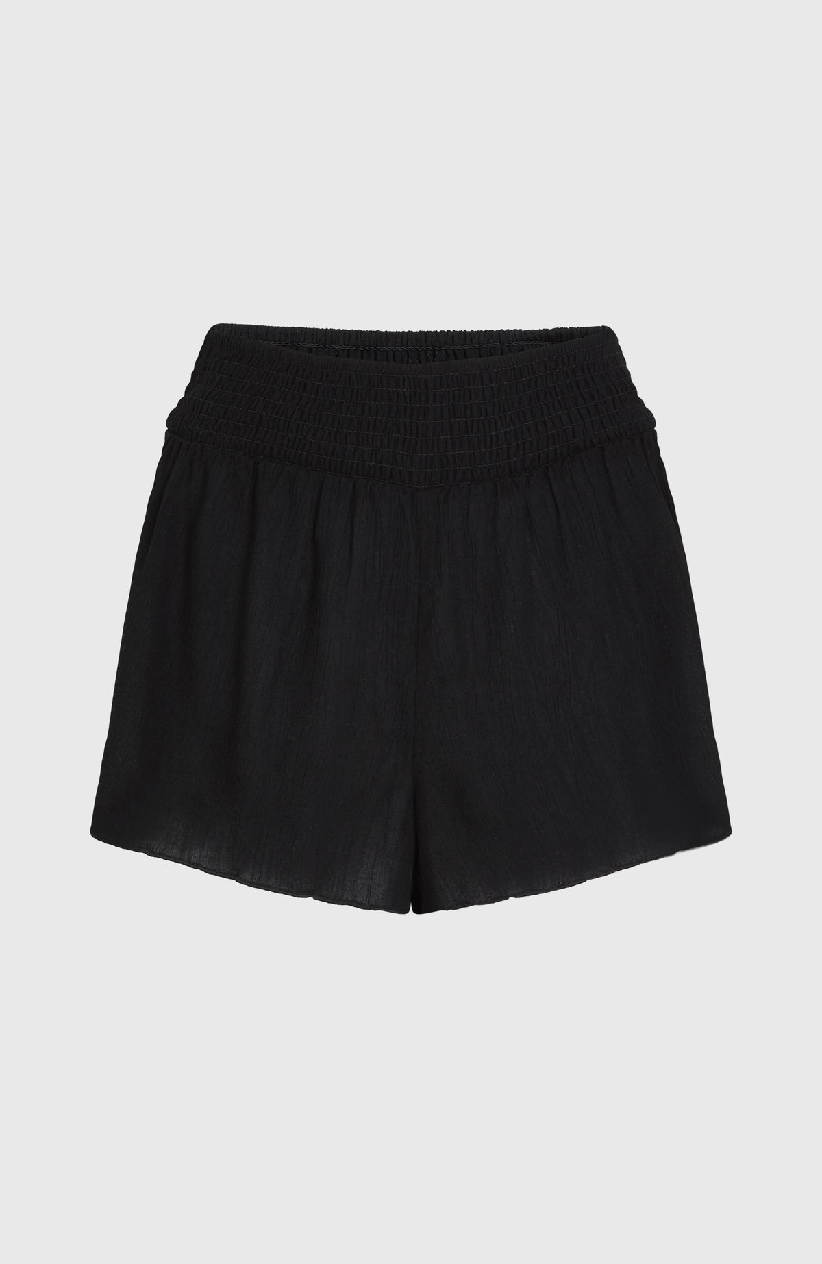 Johnny Smocked Waist Shorts für Damen, schwarz, flach liegend von vorne mit elastischem Bund