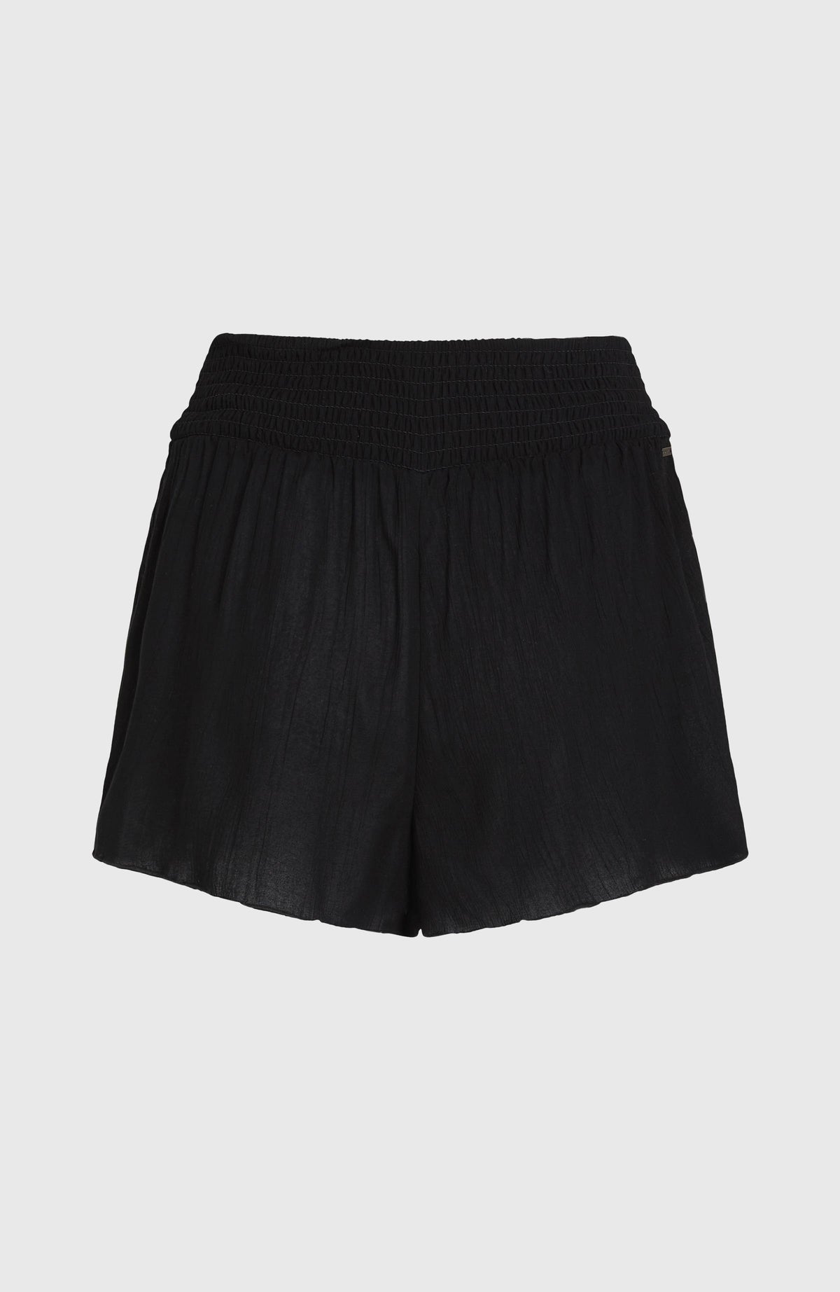 Schwarze Johnny Smocked Waist Shorts für Damen, flach liegend von hinten