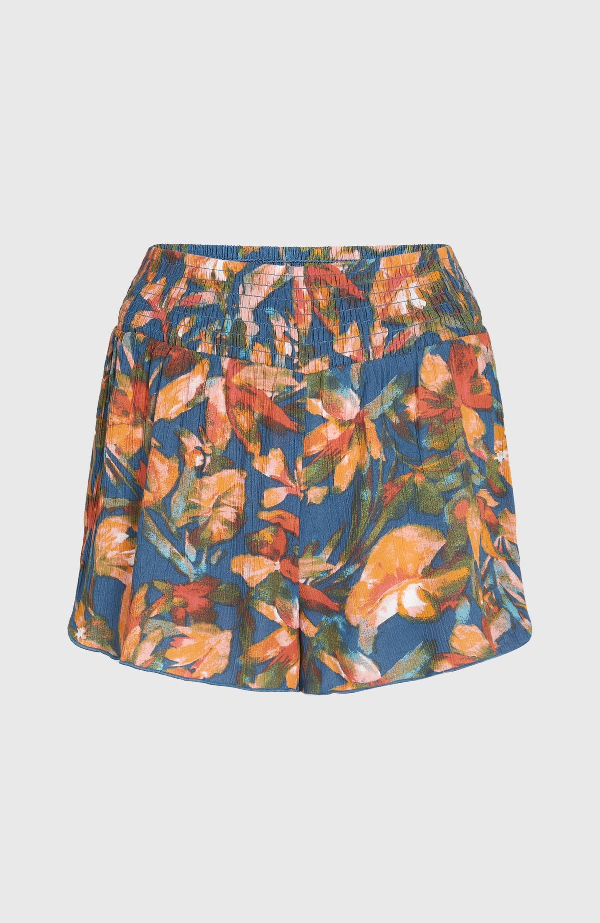 Johnny Smocked Waist Shorts für Damen, blau mit Blumenmuster in Orange, flach liegend von vorne