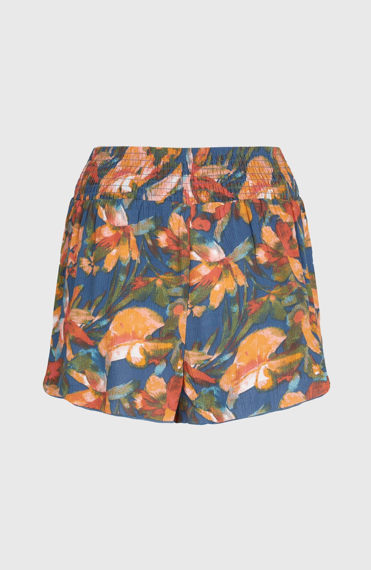 Johnny Smocked Waist Shorts für Damen, blau mit Blumenmuster in Orange, flach liegend von hinten