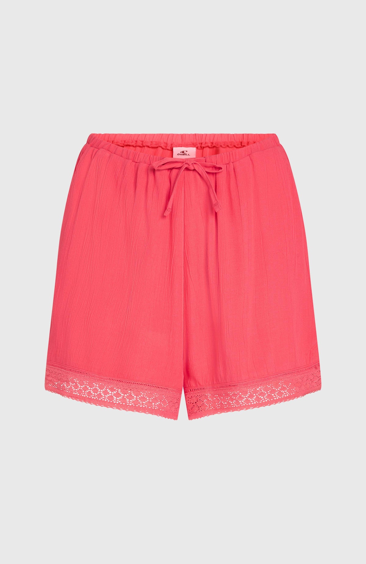 Essentials Shorts mit Stickerei für Damen, pink, flach liegend von vorne, Kordelzug am Bund und Spitzenbesatz