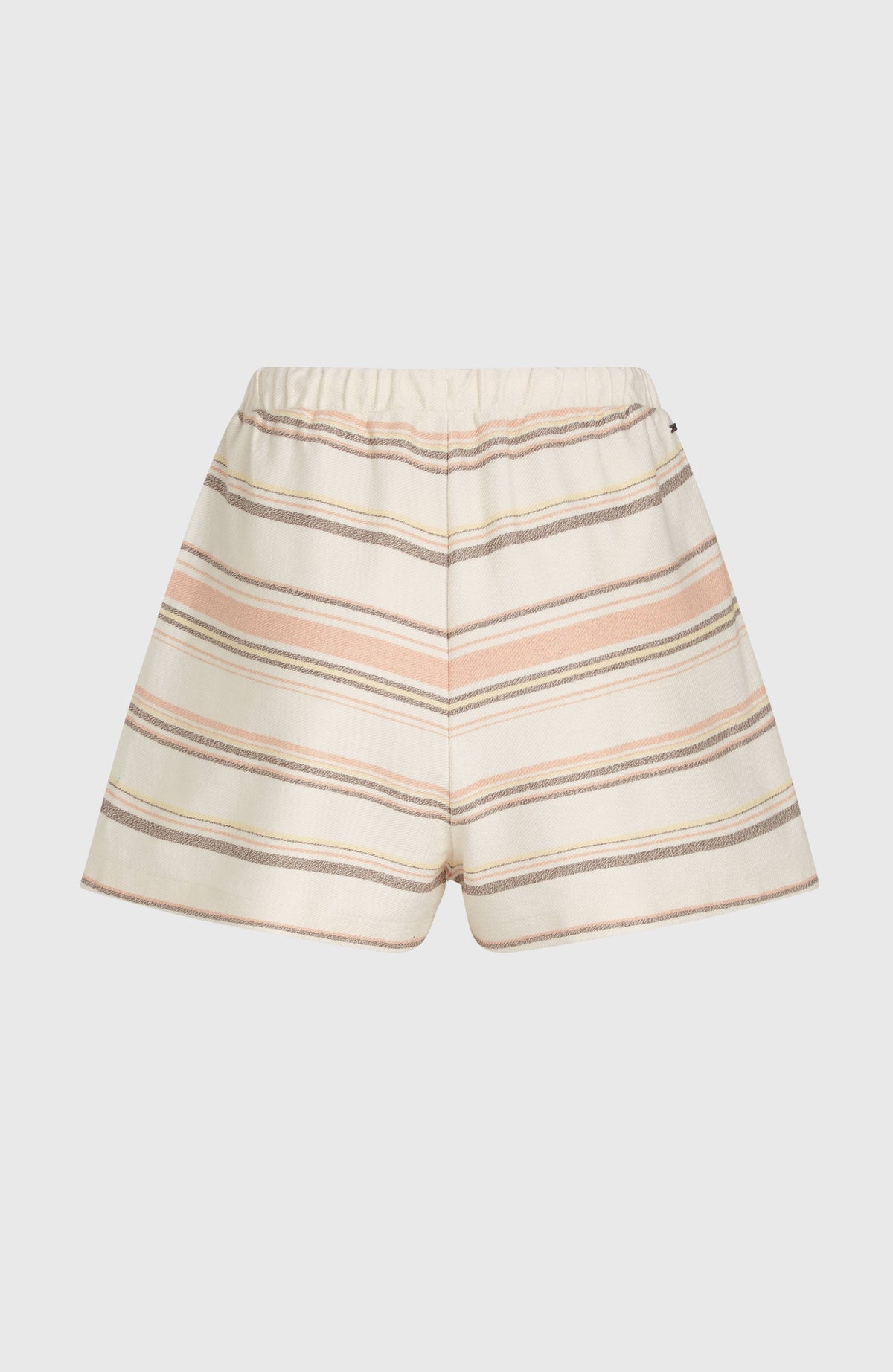 Weiße Bavaro Shorts für Damen mit Streifenmuster in Rosa und Braun, flach liegend von hinten, elastischer Bund