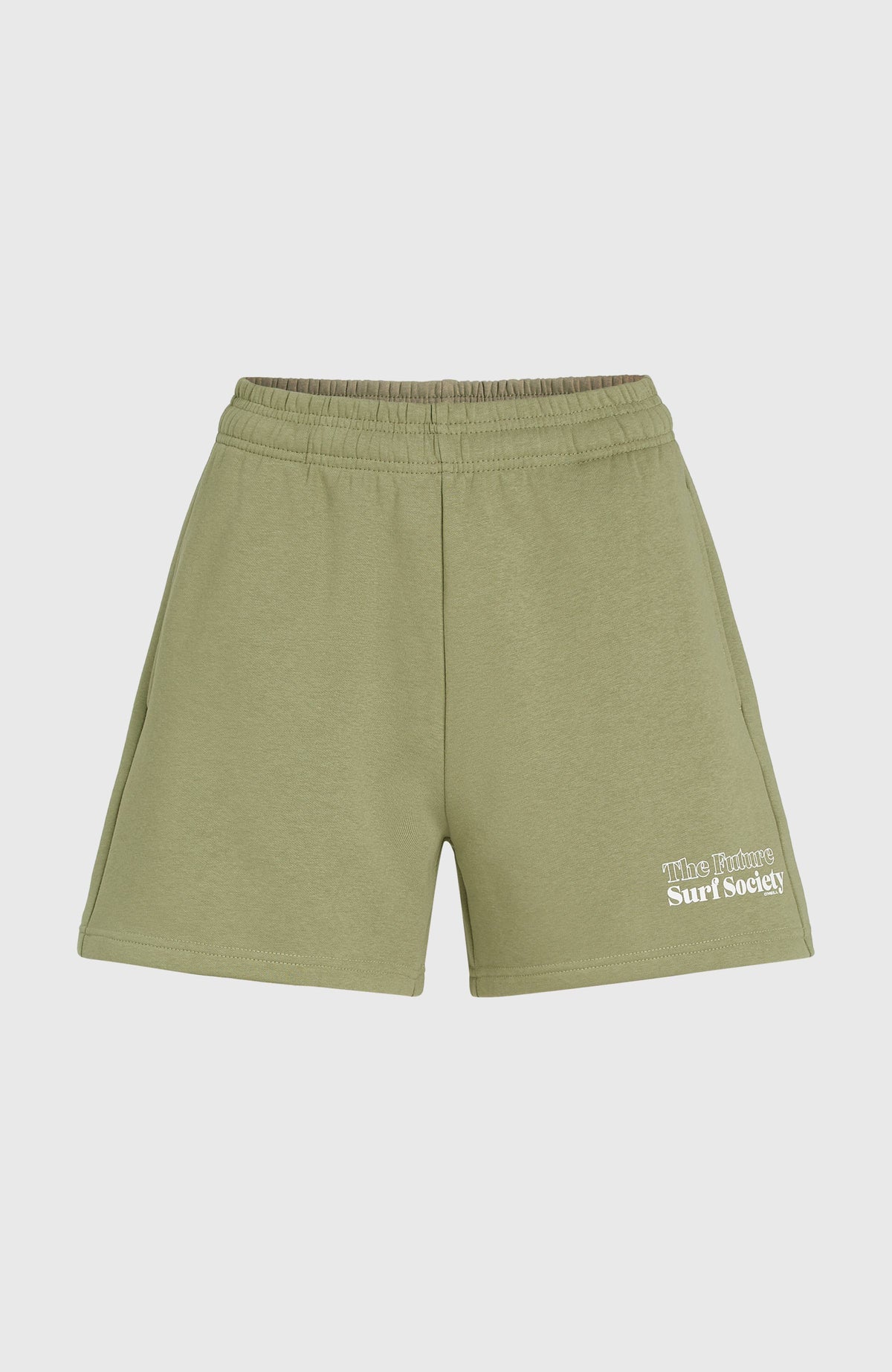 Future Surf Society Shorts für Damen, grün mit Logo-Print in Weiß, flach liegend von vorne mit elastischem Bund