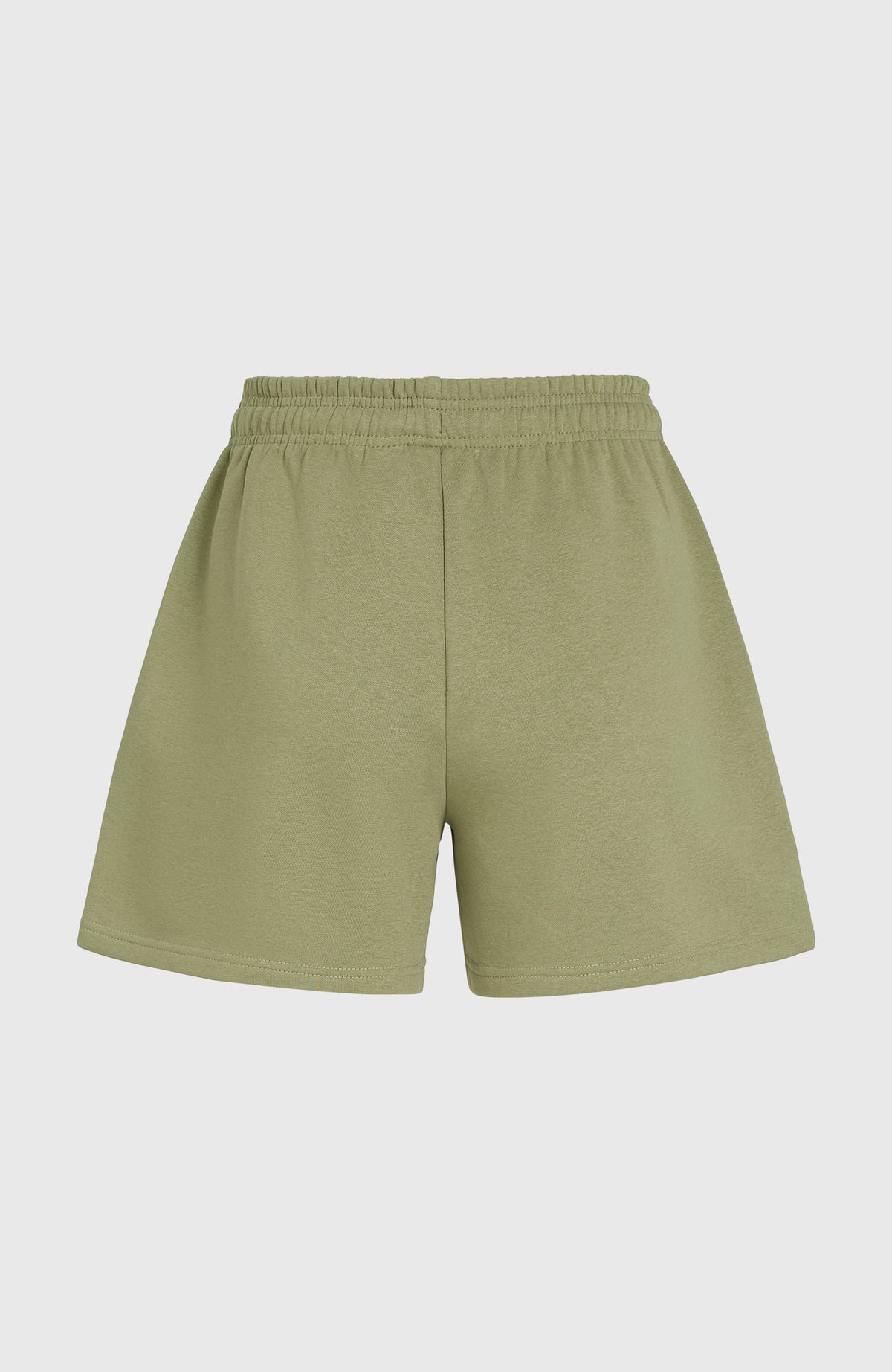 Future Surf Society Shorts für Damen, grün mit Logo-Print in Weiß, flach liegend von hinten