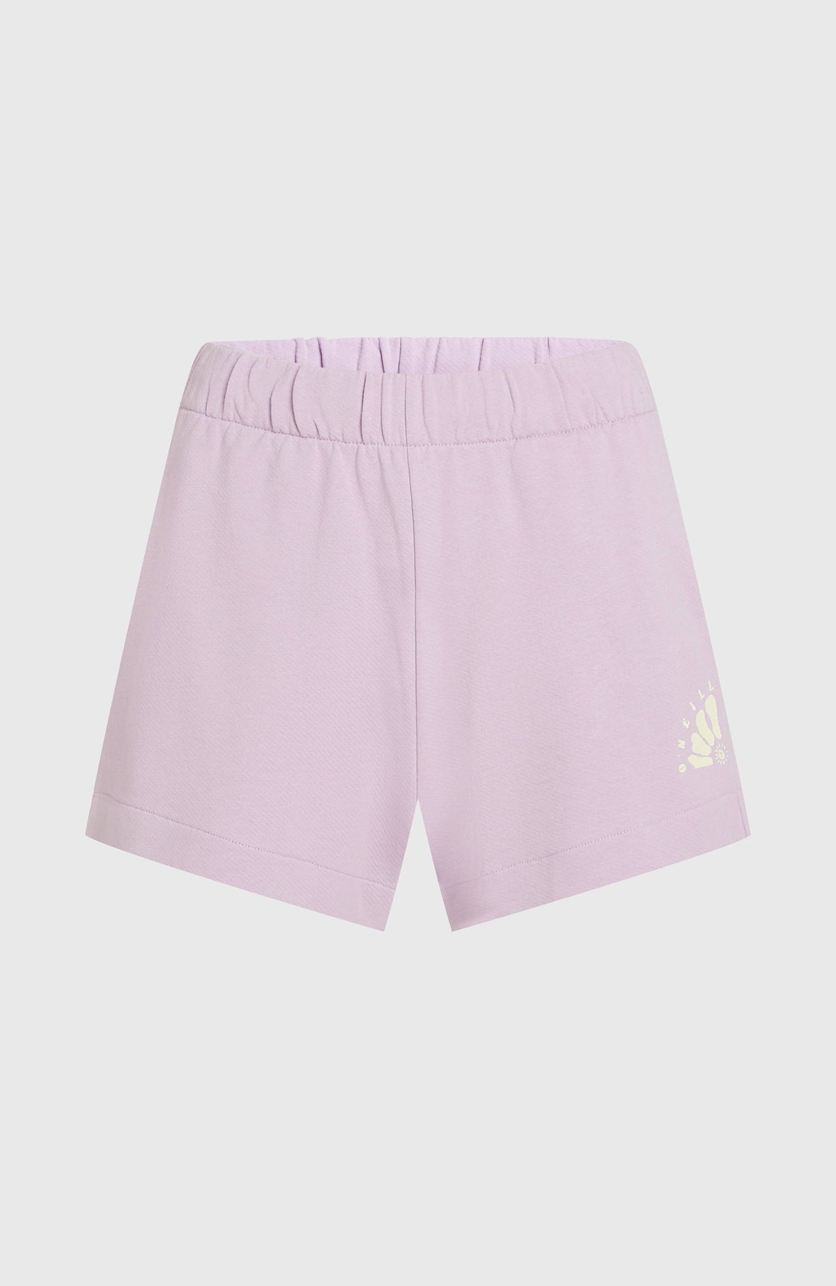 Lila Women of the Wave Sweatshorts, flach liegend von vorne mit elastischem Bund und Saumaufschlag