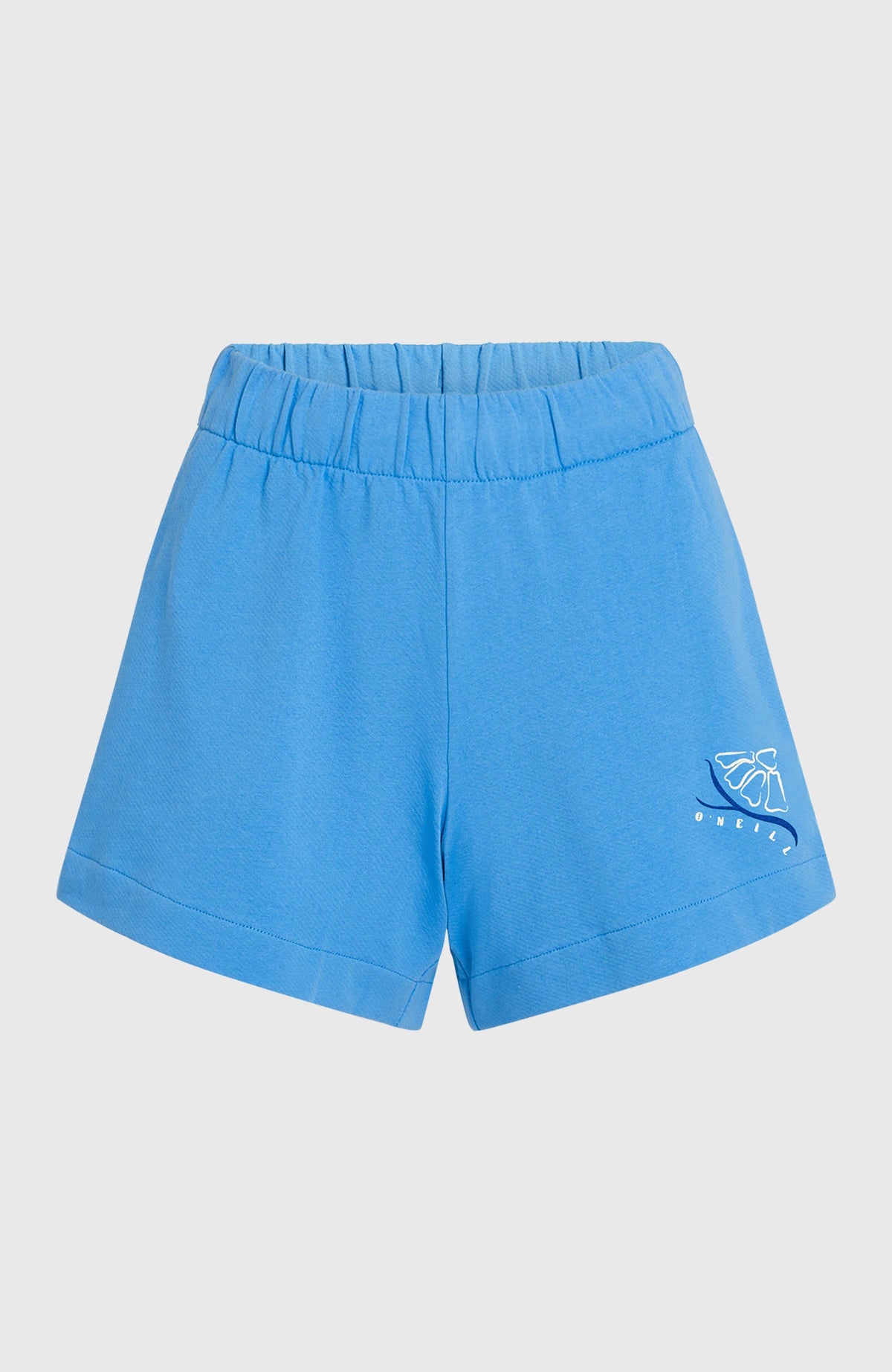 Women of the Wave Sweatshorts, blau, flach liegend von vorne mit Logo-Print am Saum