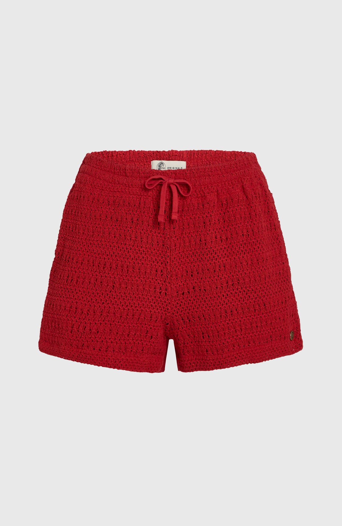 O'Riginals Häkelshorts für Damen, rot, flach liegend von vorne mit Kordelzug und elastischem Bund