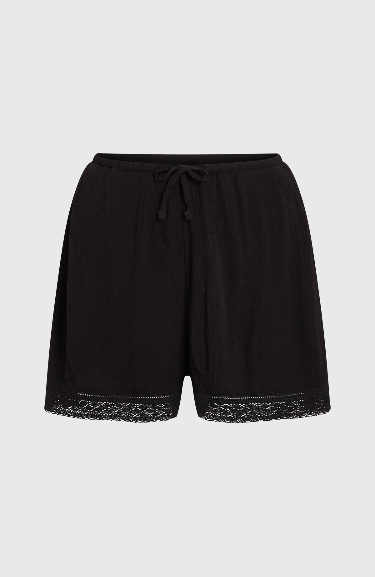 Essentials Tokeena Shorts für Damen, schwarz, flach liegend von vorne mit Bindeband am elastischen Bund