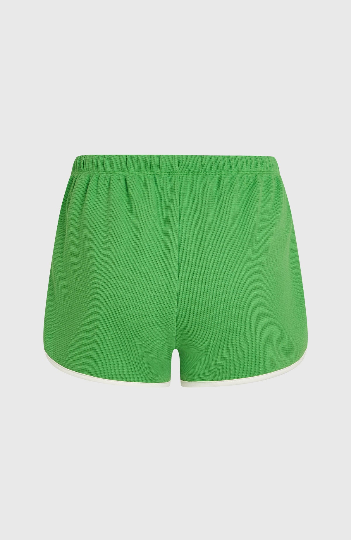 O'Riginals Waffelshorts für Damen, grün, flach liegend von hinten mit elastischem Raffbund