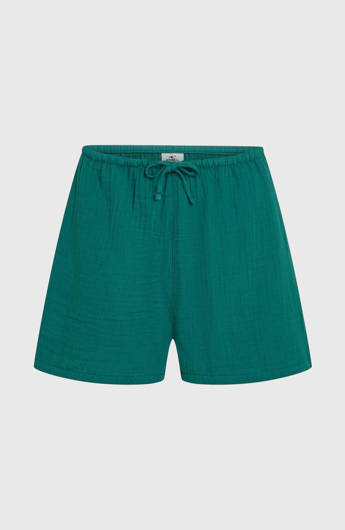 Strukturierte Brenda Shorts für Damen, grün, flach liegend von vorne mit Kordelzug am Bund