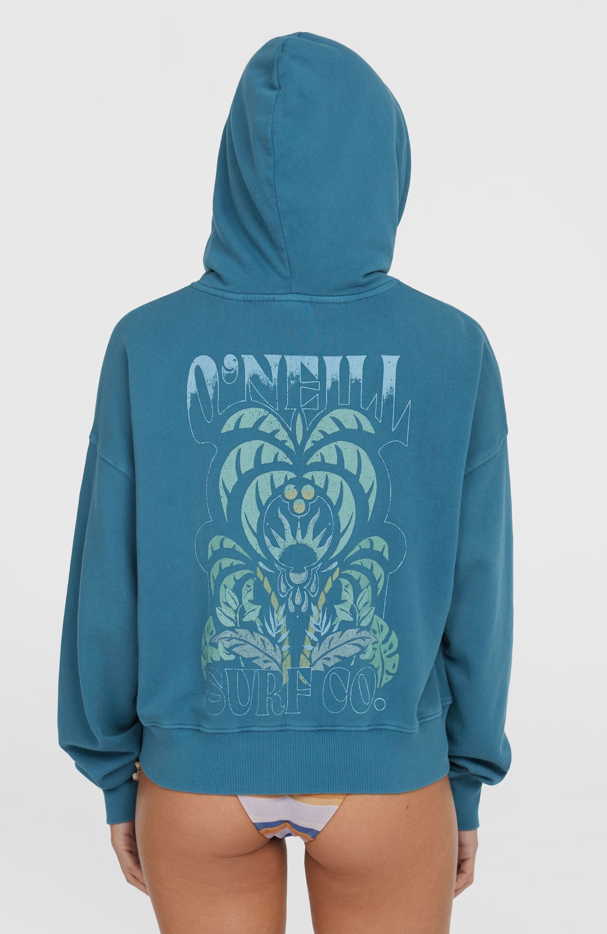 Beach Vintage Kapuzenjacke mit Reißverschluss für Damen, blau, Rückansicht am Model mit großem Rückenprint