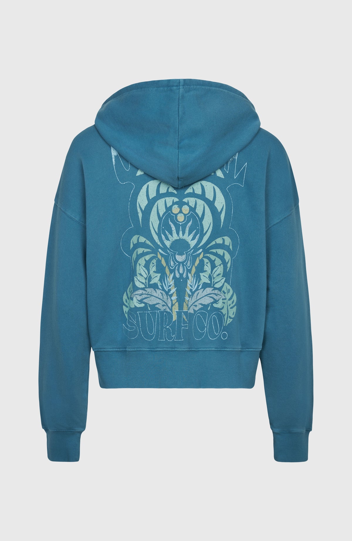 Blaue Beach Vintage Kapuzenjacke mit Reißverschluss für Damen, freigestellt von hinten mit Rückenprint