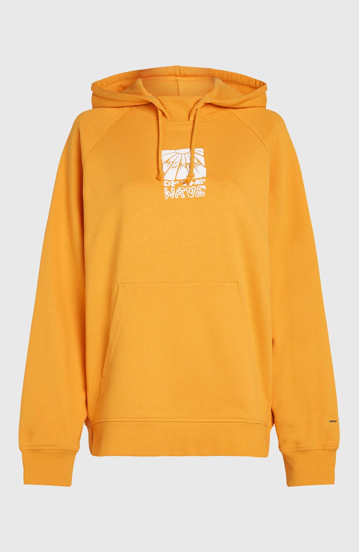 Women of the Wave Hoodie für Damen, orange mit Grafik-Print in Weiß, freigestellt von vorne mit Kängurutasche