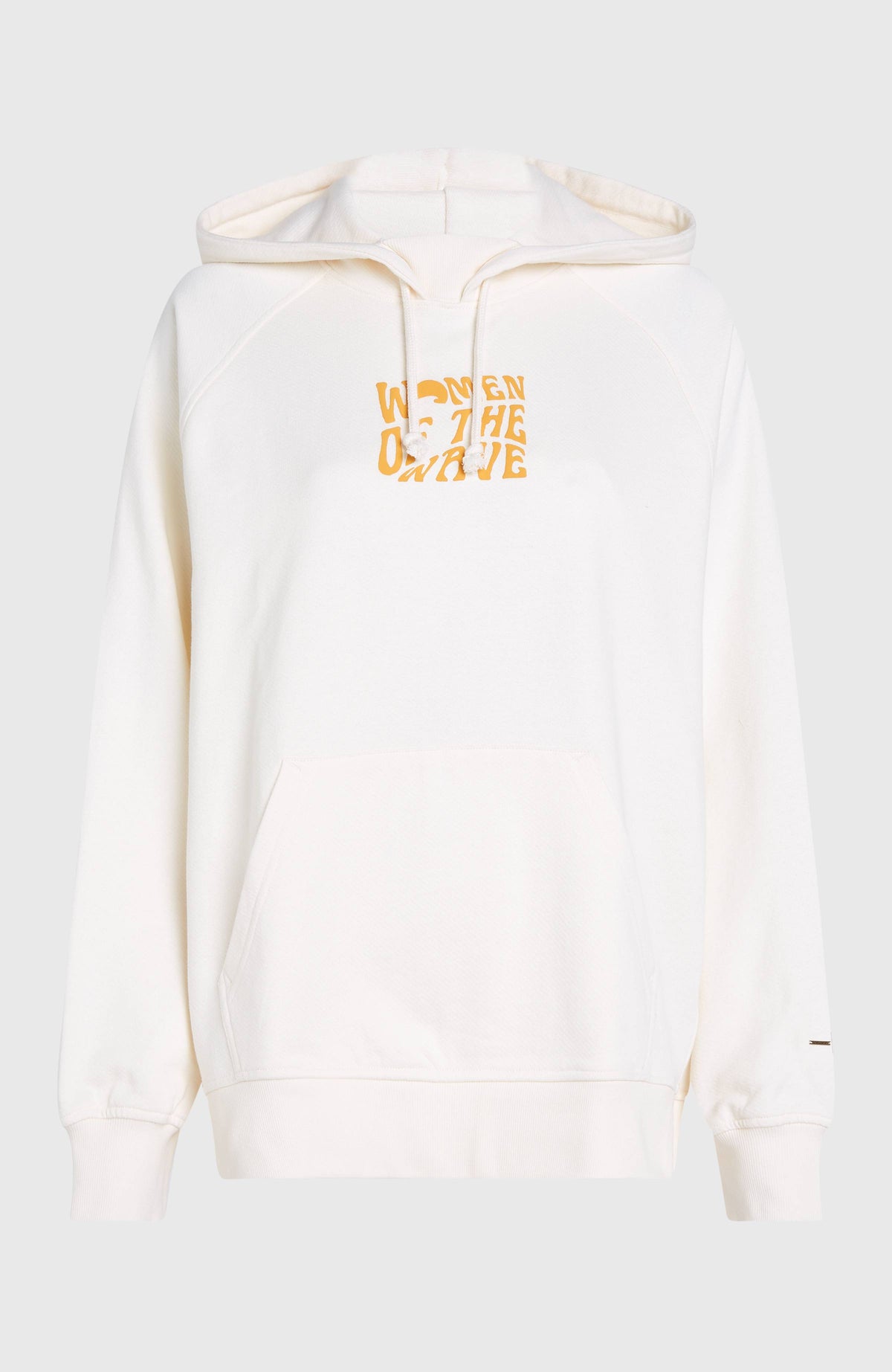 Women of the Wave Hoodie für Damen, beige mit Grafik-Print in Orange, freigestellt von vorne mit Kängurutasche