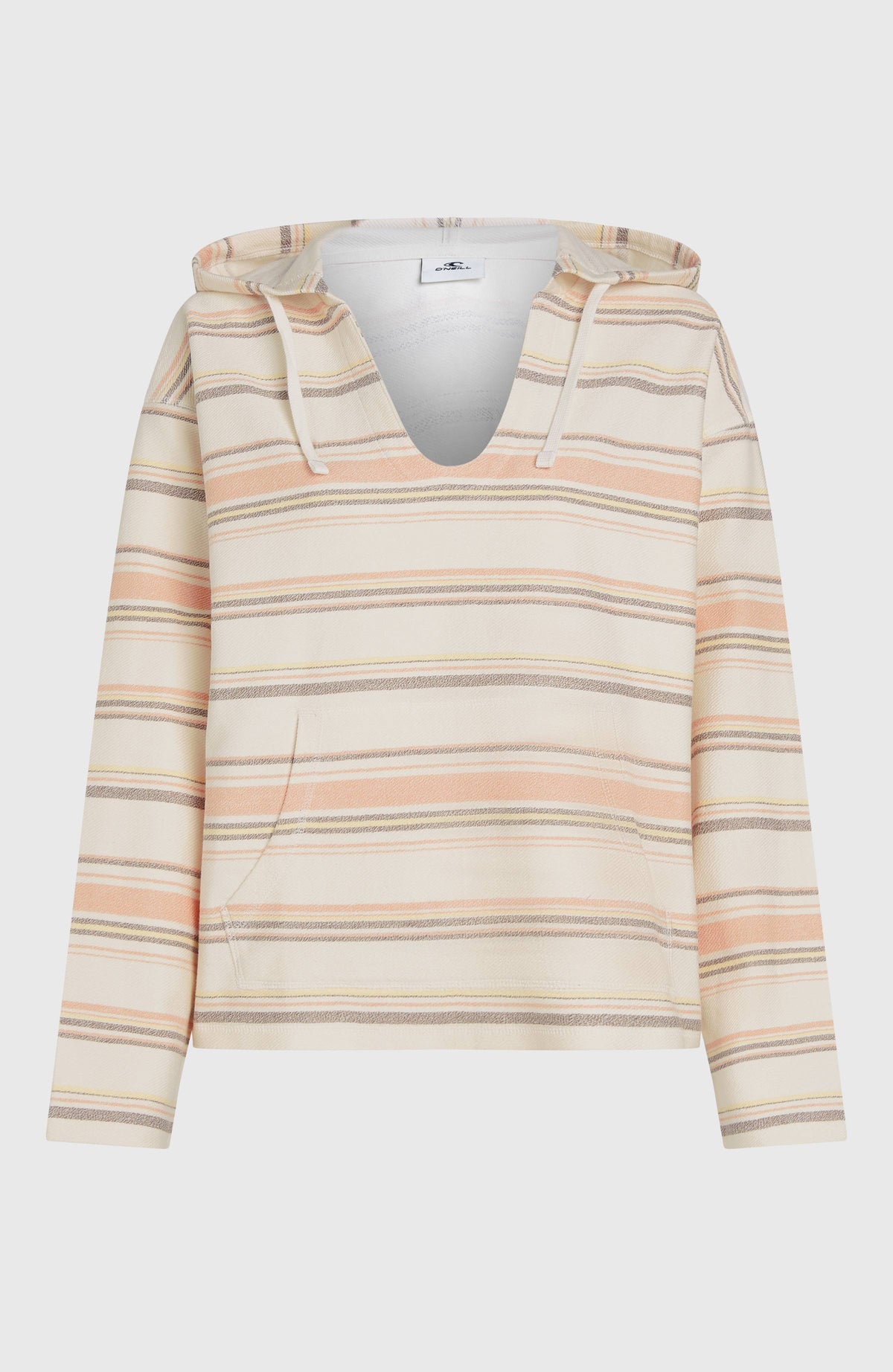 Bavaro Hoodie für Damen, weiß mit Streifenmuster in Orange und Braun, Kängurutasche, freigestellt von vorne