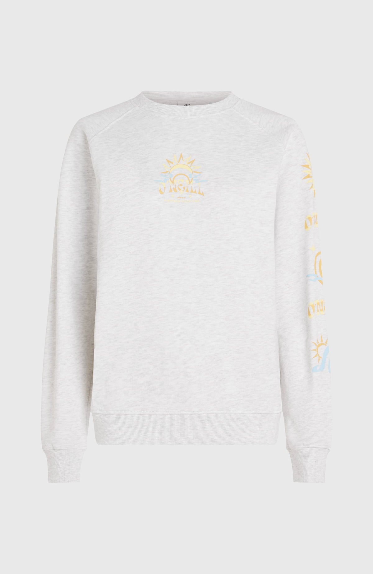 Beach Vintage Crew Sweatshirt für Damen, weiß mit Grafikprint in Gelb und Hellblau, freigestellt von vorne