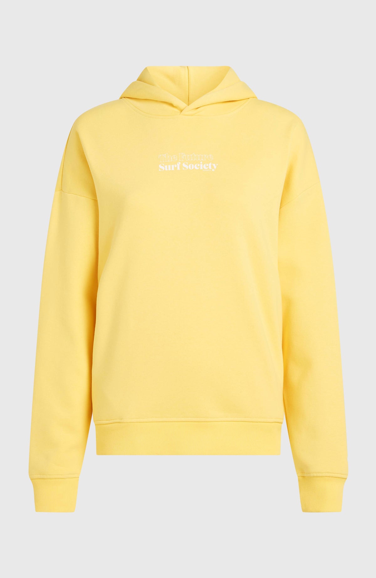 Future Surf Society Hoodie für Damen, gelb mit Schriftzug-Print in Weiß, freigestellt von vorne mit Kapuze