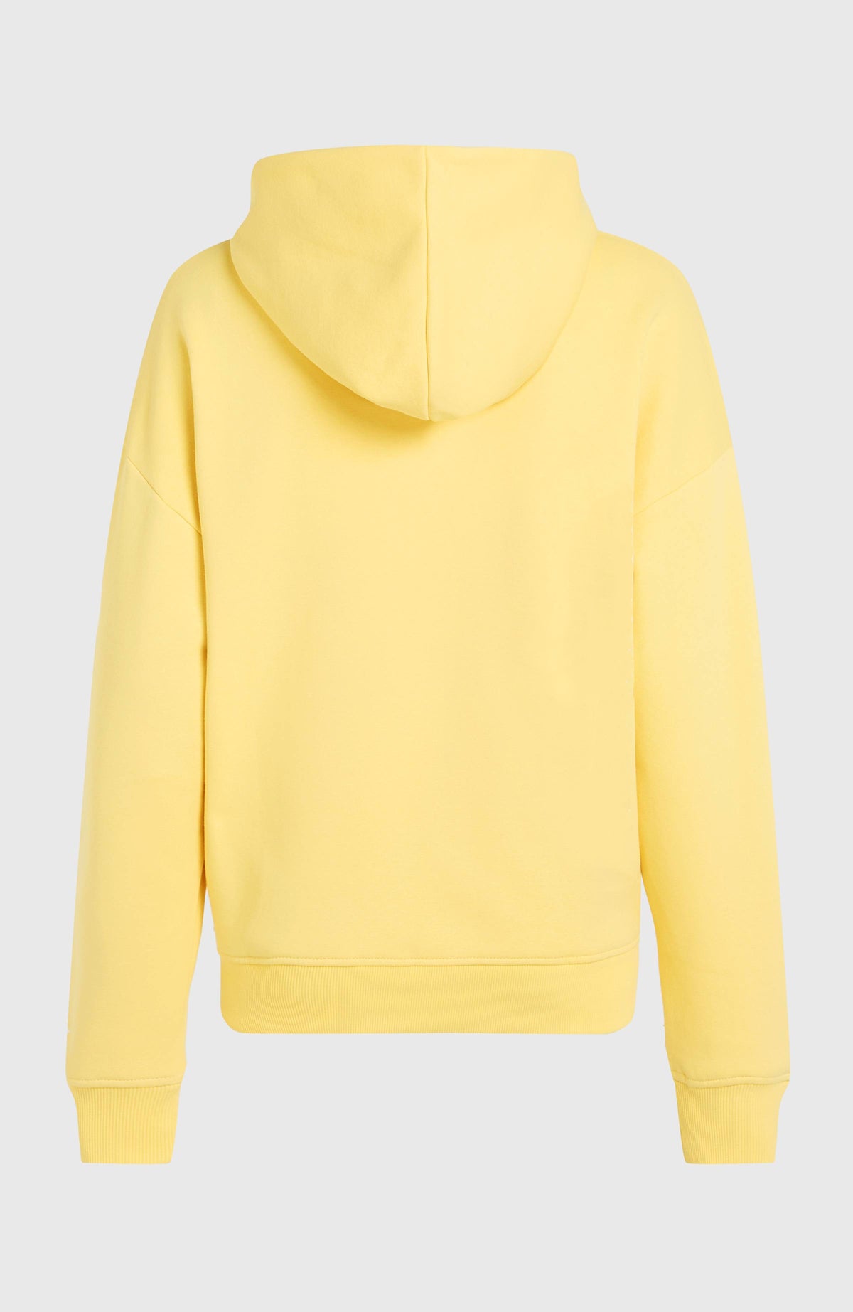Future Surf Society Hoodie für Damen, gelb, freigestellt von hinten mit Kapuze und Rippstrickbund am Saum