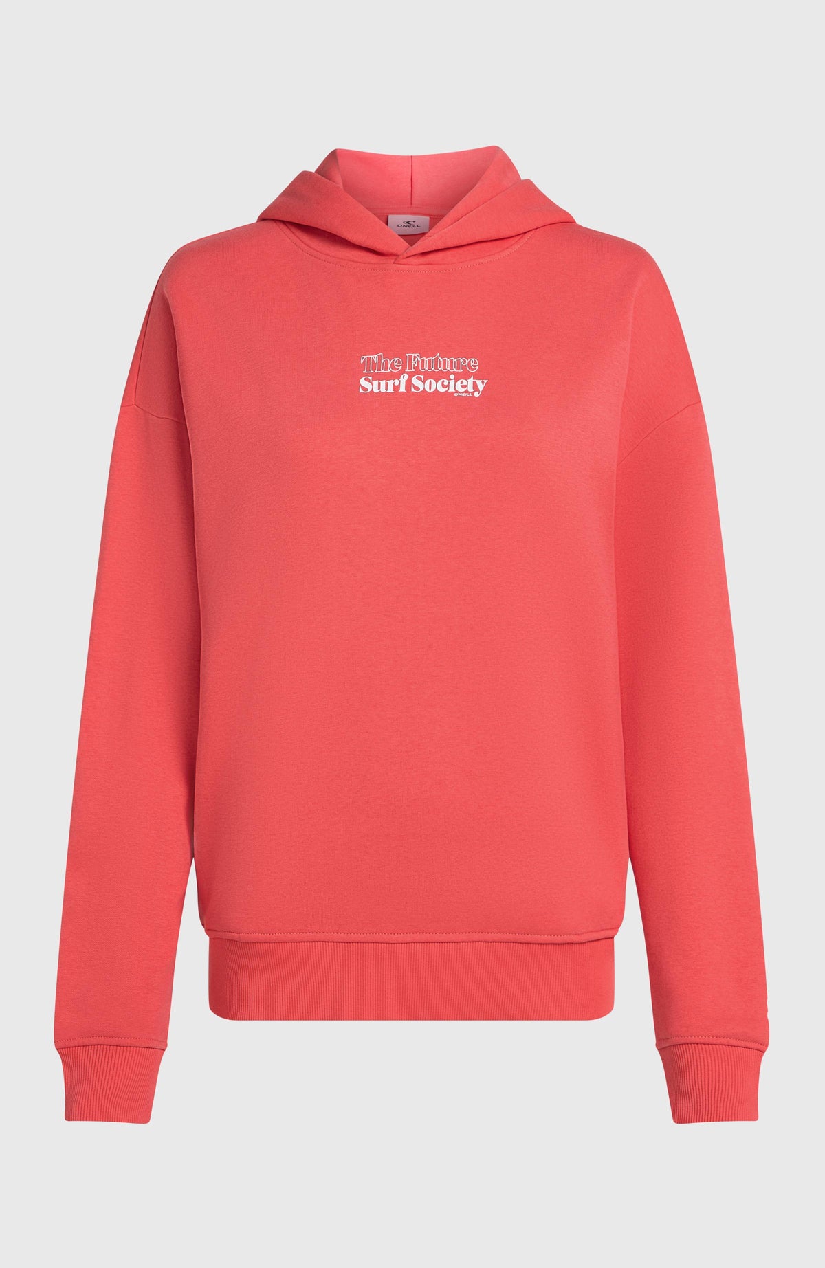 Future Surf Society Hoodie für Damen, pink mit Logo-Print in Weiß, freigestellt von vorne