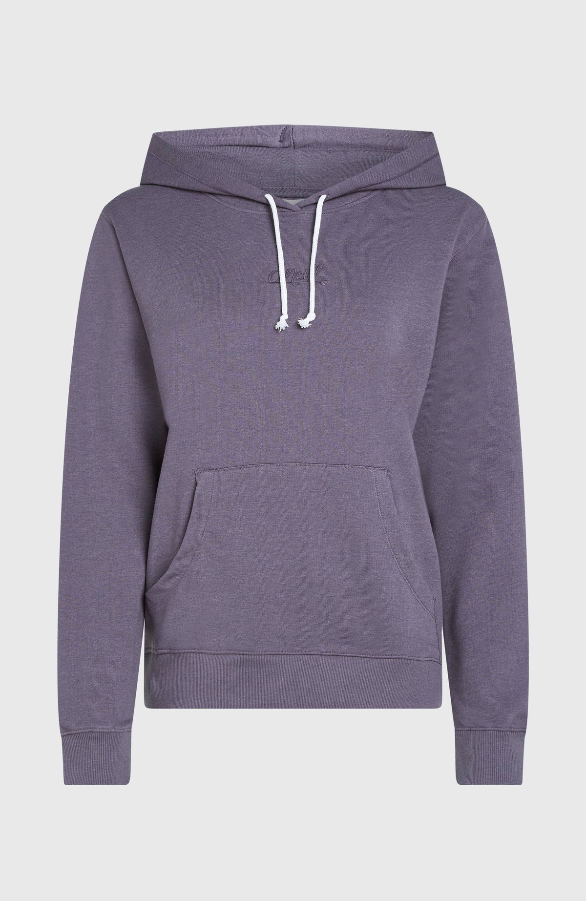 Essentials O'Neill Script Hoodie für Damen, lila, freigestellt von vorne mit Kängurutasche und Kordelzug